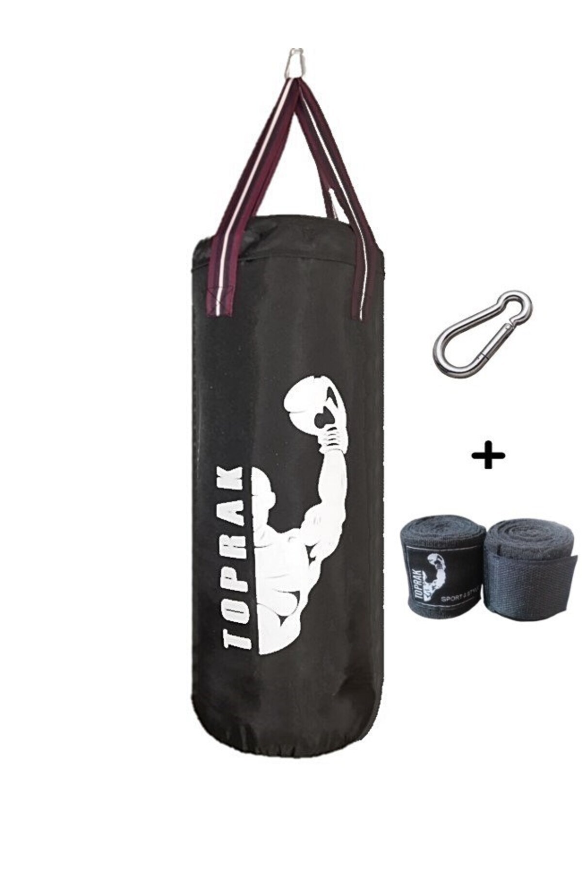 MDKConceptShop Boks Torbası Eldiven, Karabina Ve Bandaj Hediyeli İçi Dolu 60x22cm Siyah