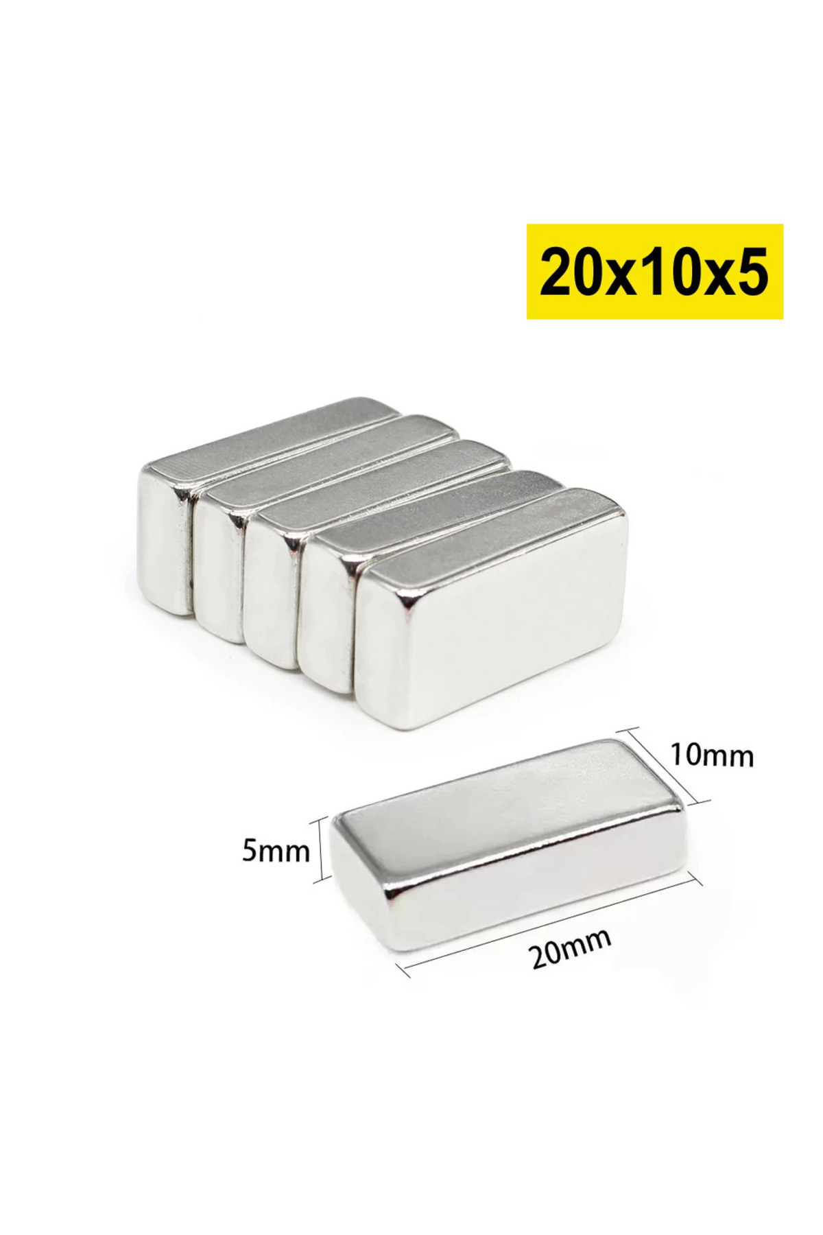 Epilons 5 Adet 20x10x5 Mm Neodyum Magnet N35 Güçlü Mıknatıs Köşeli Ve Dayanıklı Nikel Kaplama