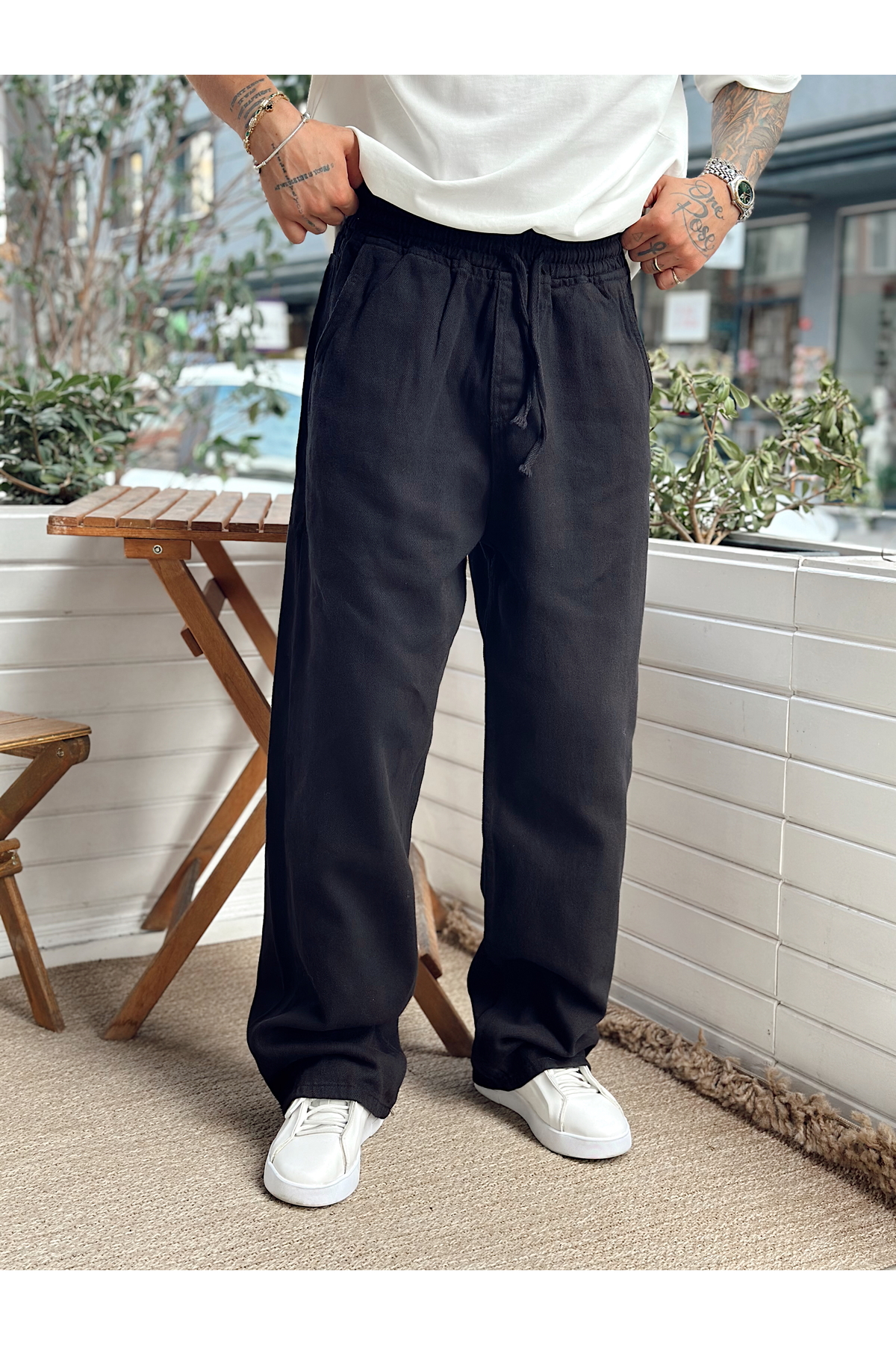 manch collection Beli İpli Baggy Gabardin Pantolon Siyah görsel 5