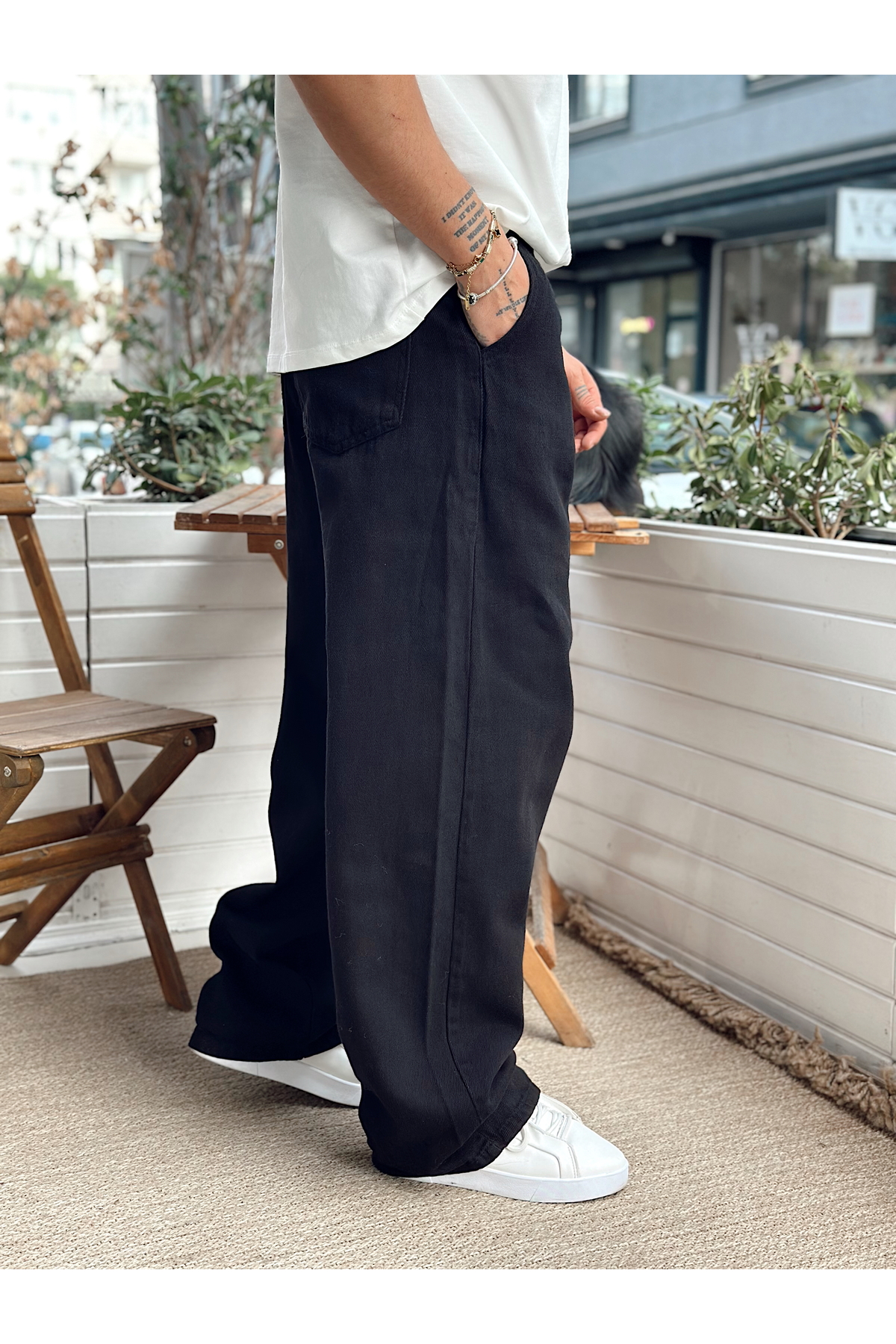 manch collection Beli İpli Baggy Gabardin Pantolon Siyah görsel 3