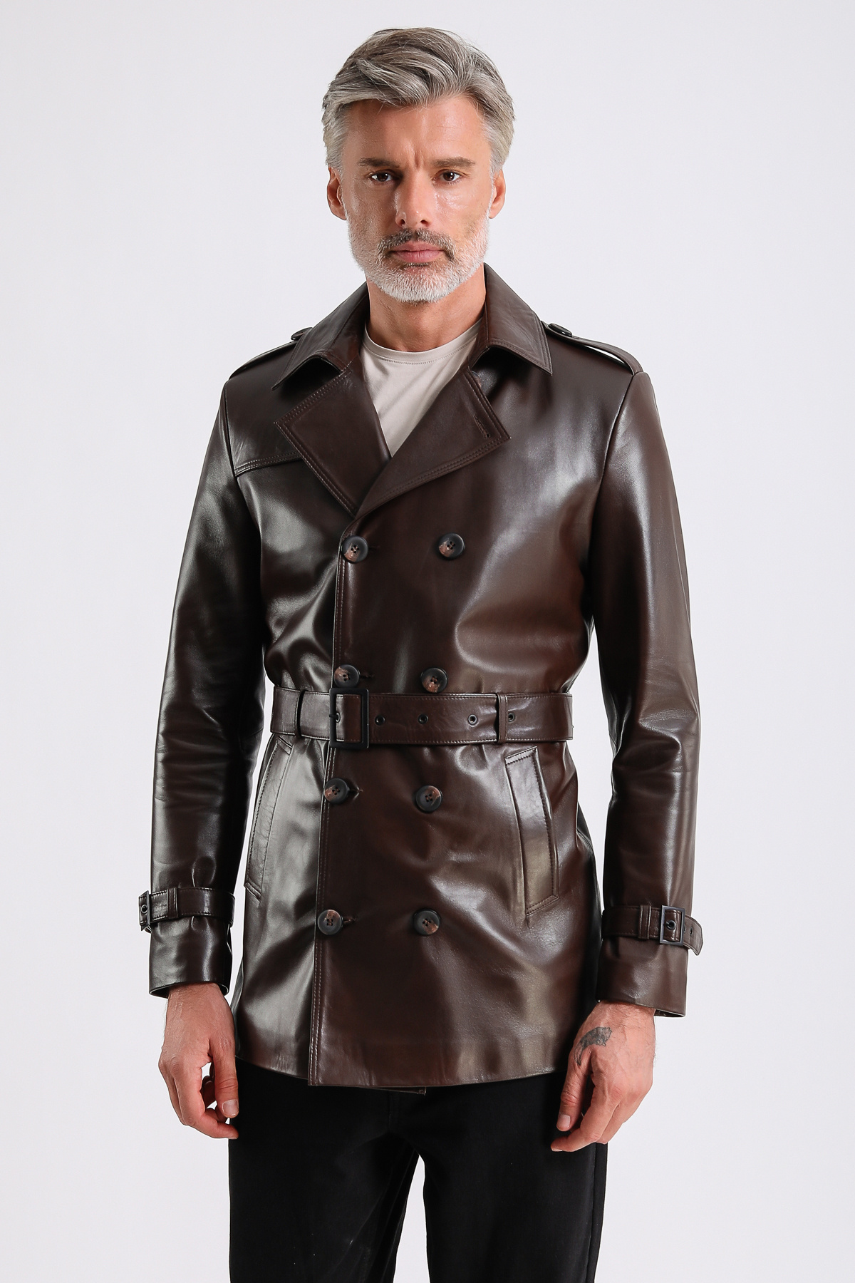 MQ Leather Maroquin Leather Moreno Erkek Hakiki Deri Trençkot görsel 2