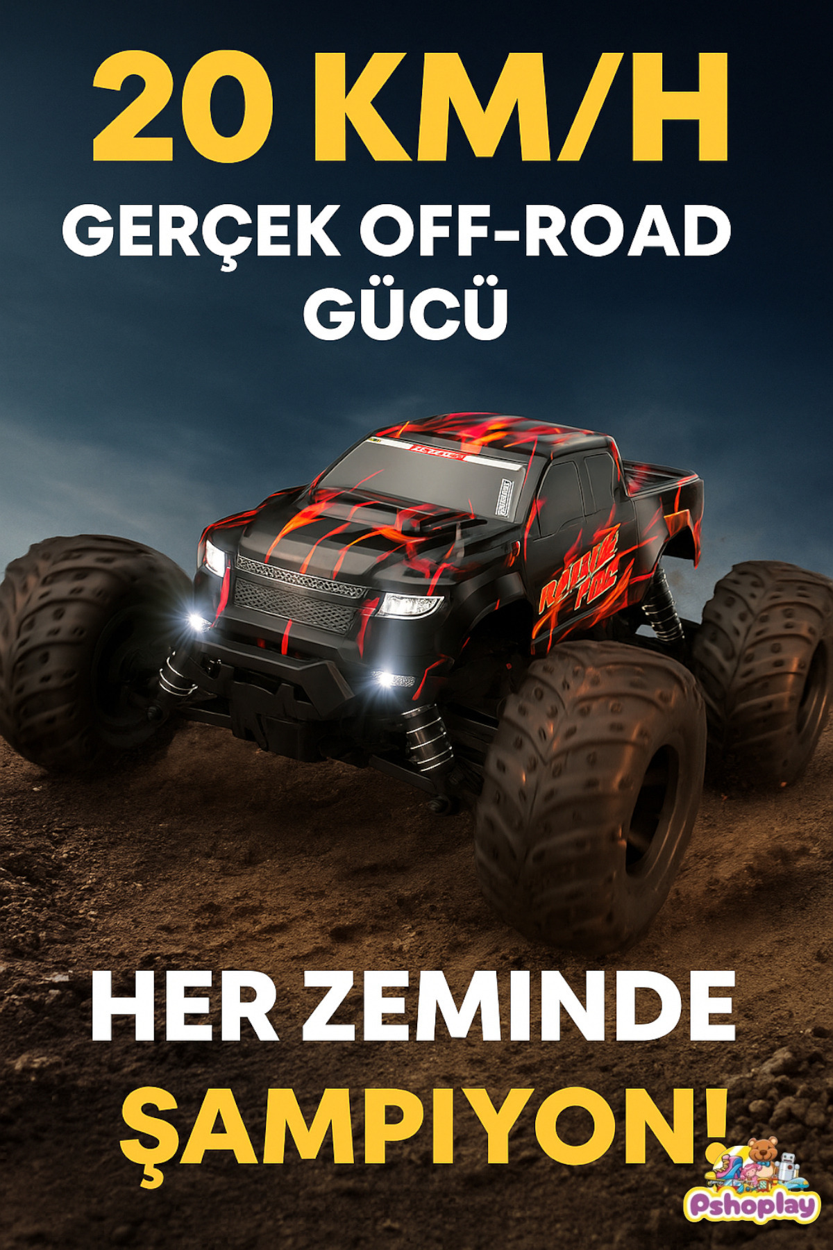 Pshoplay Dev Teker 20 KM Hız Arazi Aracı – Şarjlı 4x4 Uzaktan Kumandalı Off-Road Canavarı