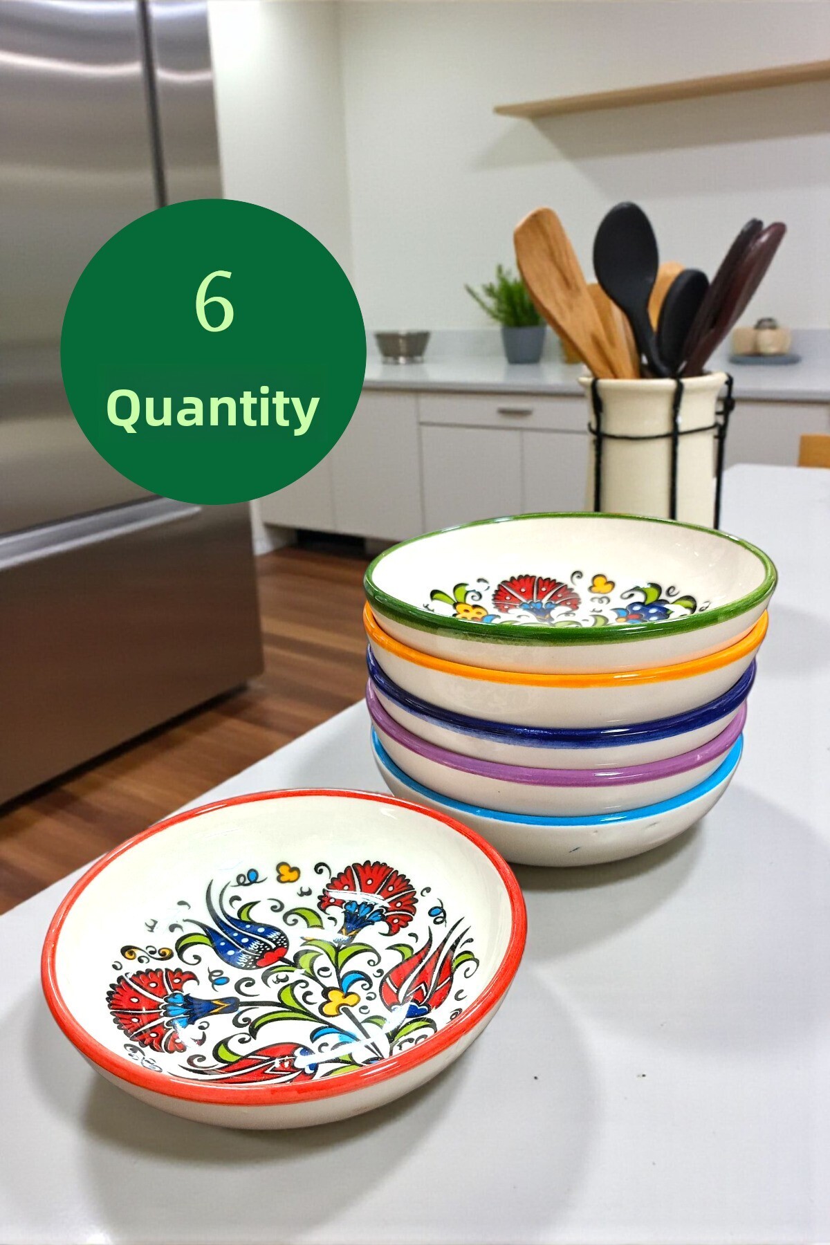 Salizera Set of 6 Ceramic Bowls with Tile Pattern - 13 cm Snack Bowl-Breakfast Bowl-Ethnic Gift with Kütahya Tile Pattern