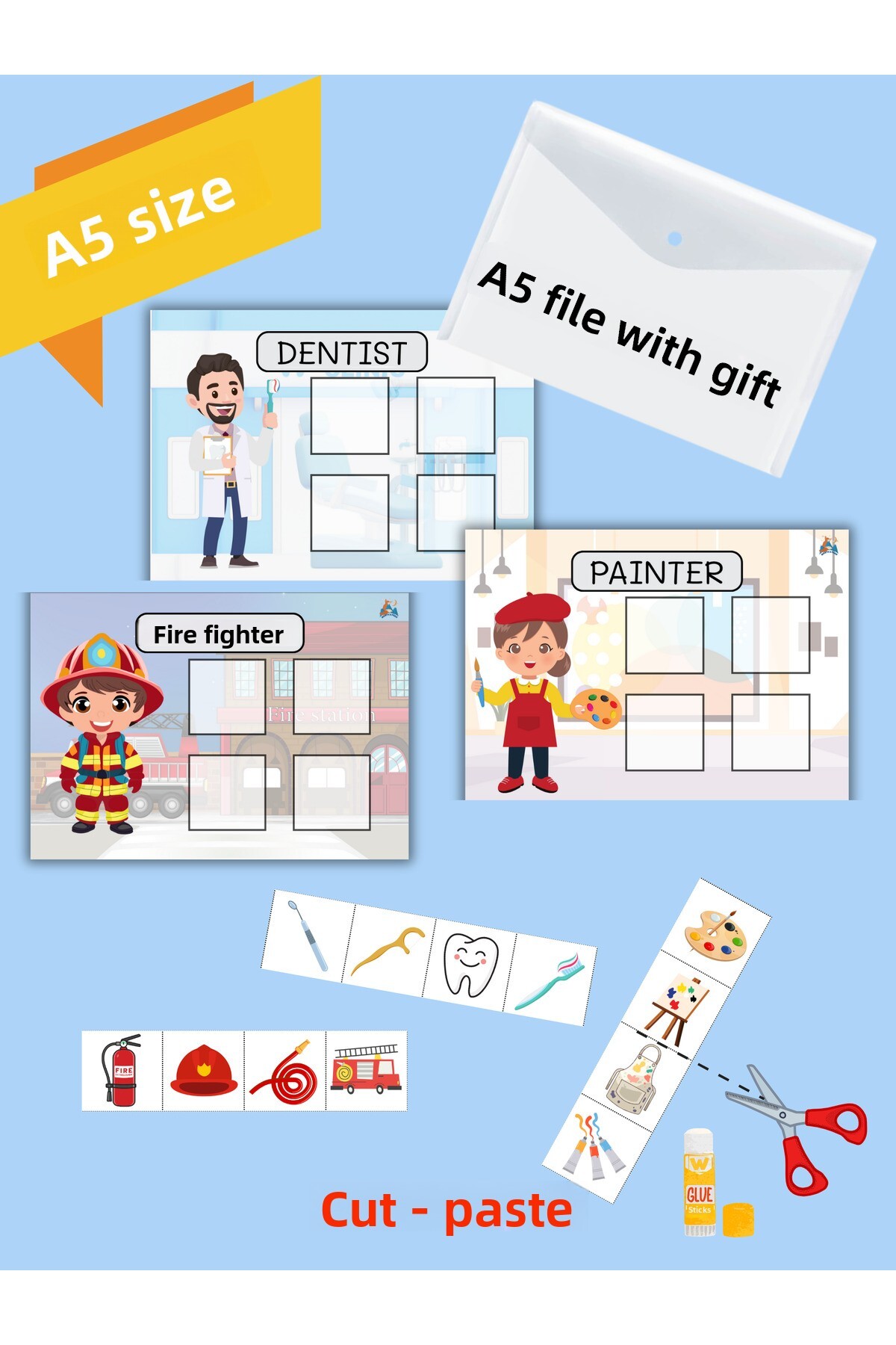 مجموعه فعالیت برش و چسباندن پیشدبستانی، ۱۵ حرفه + ۱۱ رنگ، اندازه A5، توسعهدهنده مهارتهای حرکتی ظریف