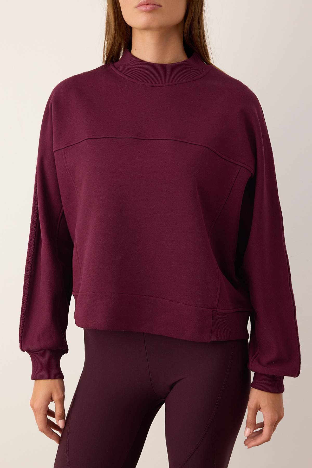 Trendyolmilla  Mürdüm Oversize/Geniş Kalıp Dik Yaka Kalın İçi Polarlı Örme Sweatshirt TWOAW26SW00205 - Görsel 3