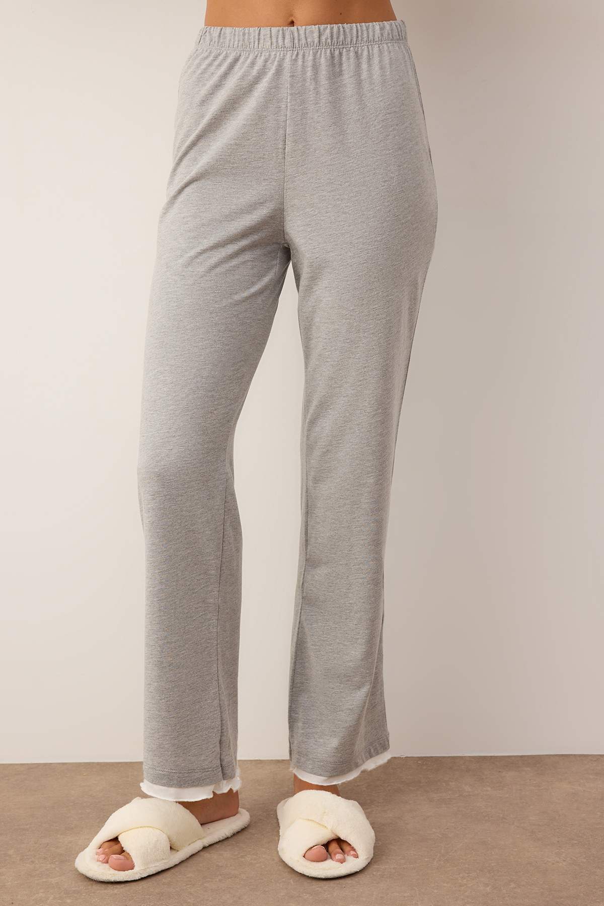 Trendyolmilla  Gri Melanj Pamuklu Çift Katlı Fırfırlı Örme Pijama Takımı THMAW26PT00125 - Görsel 3