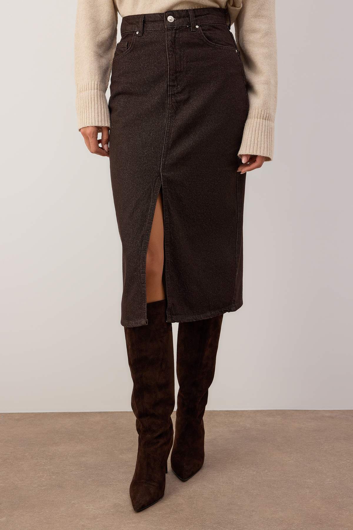 Trendyolmilla  Kahverengi Denim Midi Etek TWOAW26ET00140 - Görsel 3