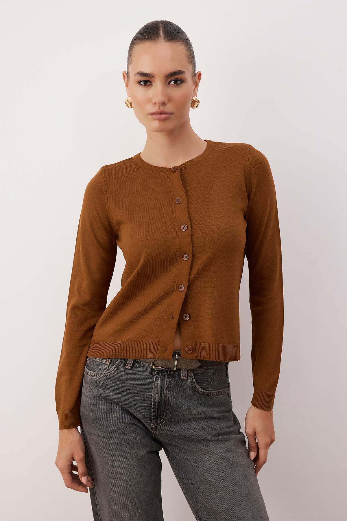 Trendyolmilla  Kahverengi-Taş İkili Paket Bisiklet Yaka Triko Hırka TWOAW25HI00344 - Görsel 2