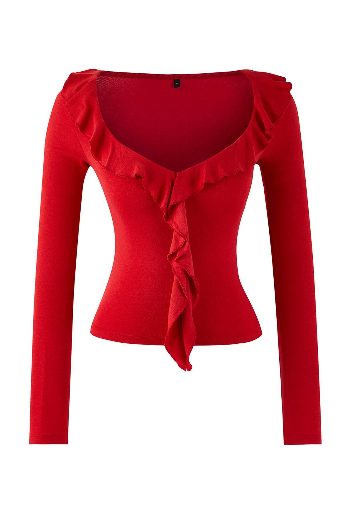 Trendyolmilla  Kırmızı Fırfırlı Fitted/Vücuda Oturan Örme Bluz TWOAW26BZ00287 - Görsel 5