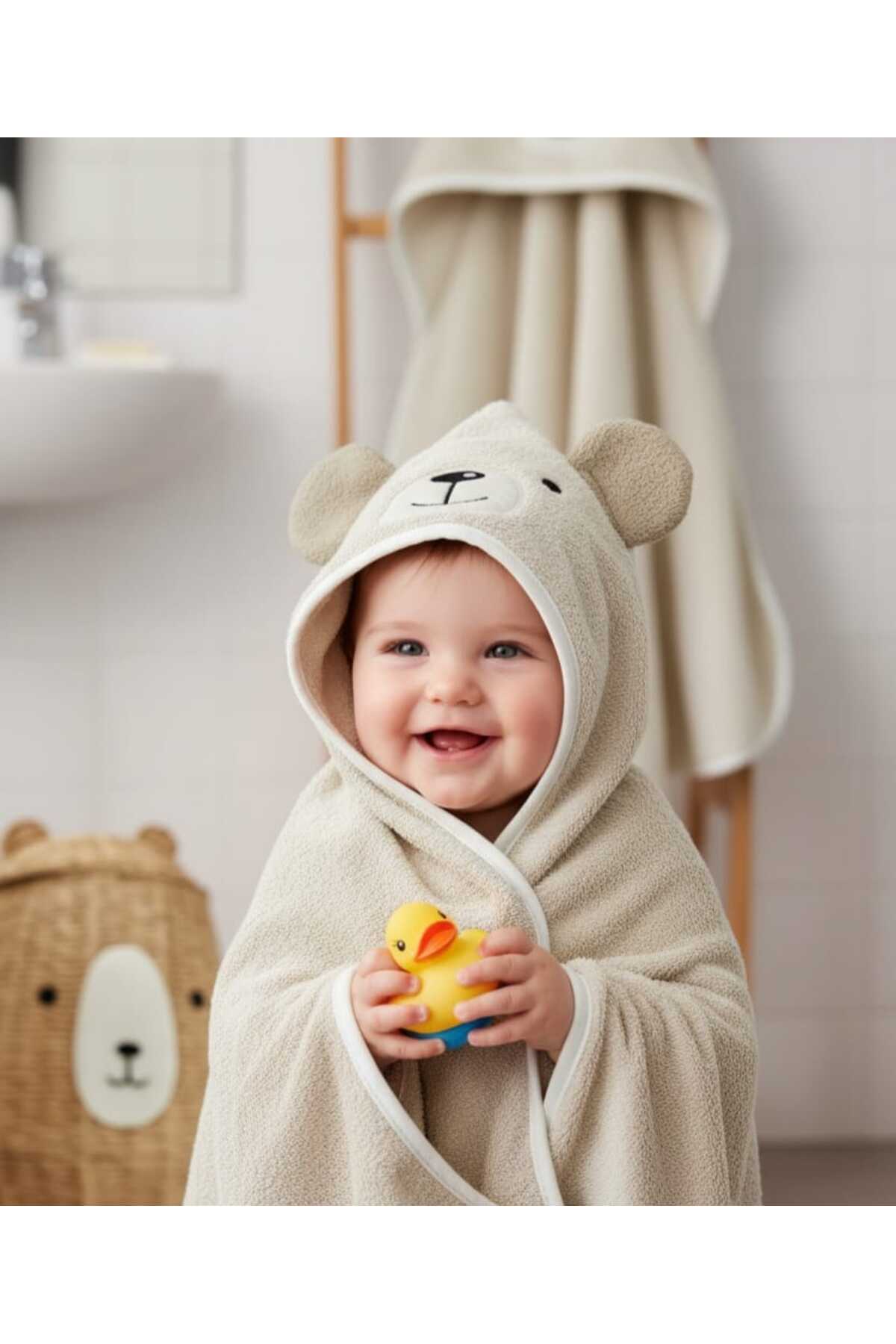 Alpar Tekstil %100 Pamuklu Yumuşacık Kız-erkek Yenidoğan-bebek Banyo Havlu Kundak Bej/ Ayıcık fotoğrafı 2 (önizleme)