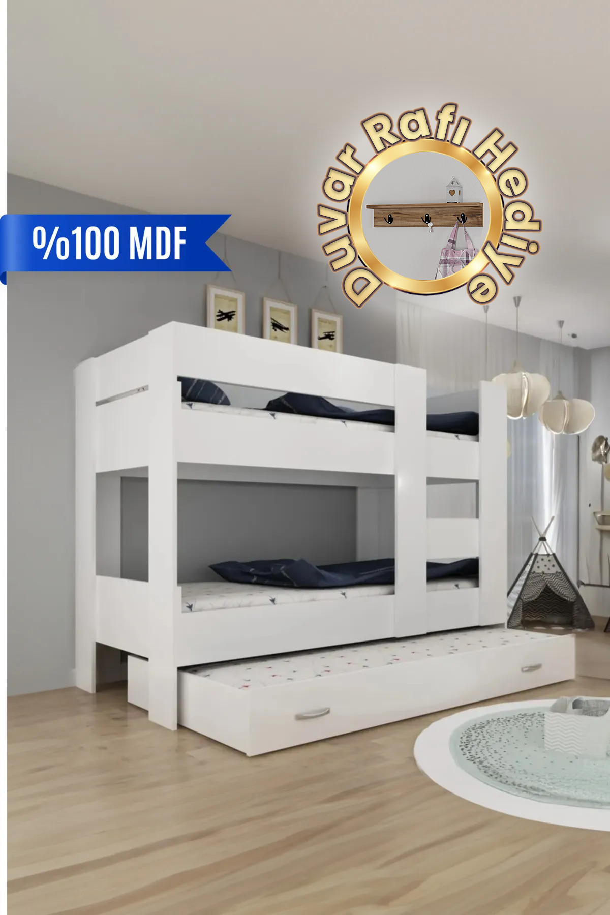 Herseycik Ninnimo Genç Beyaz Mdf 90x190 Yatak Uyumlu Yavrulu Ranza R20-1