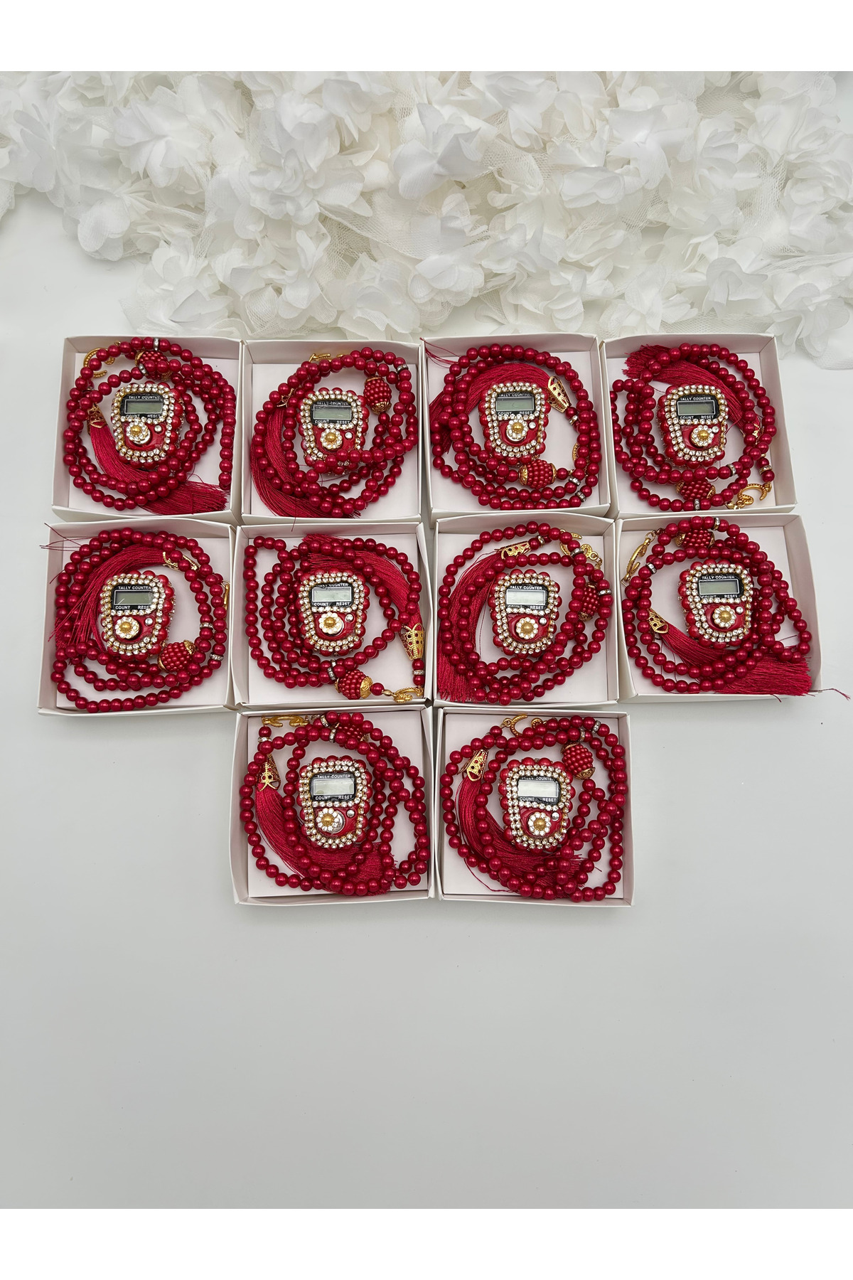 10 pieces of Mevlid-Hajj-Umrah Gift Claret Red Gemstone Zikirmatik and Rosary Set with Box
