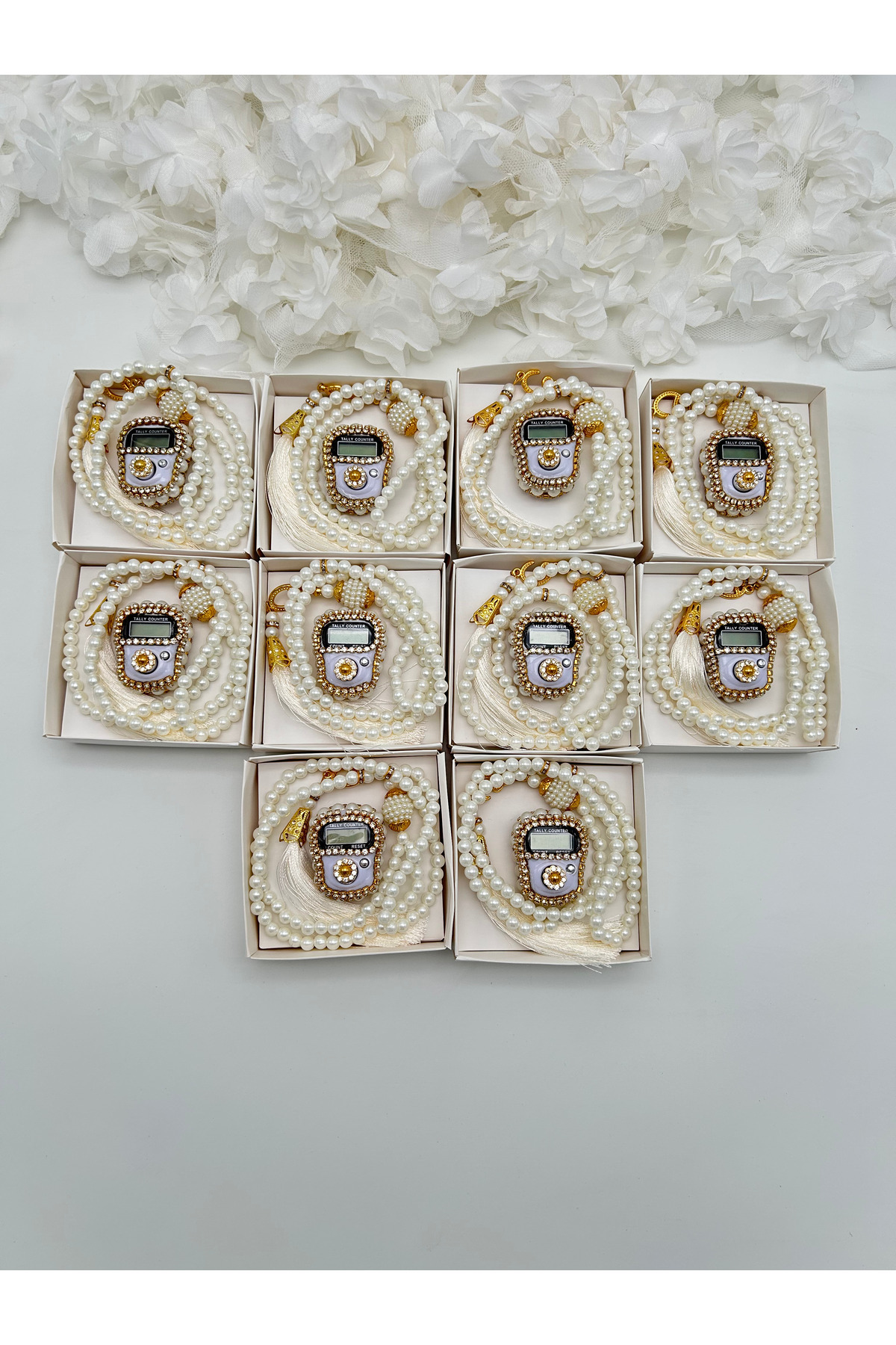 lenagiftworkshop 10 Adet Mevlid-hac-umre Hediyelik Krem Taşlı Zikirmatik Ve Tesbih Seti Kutulu