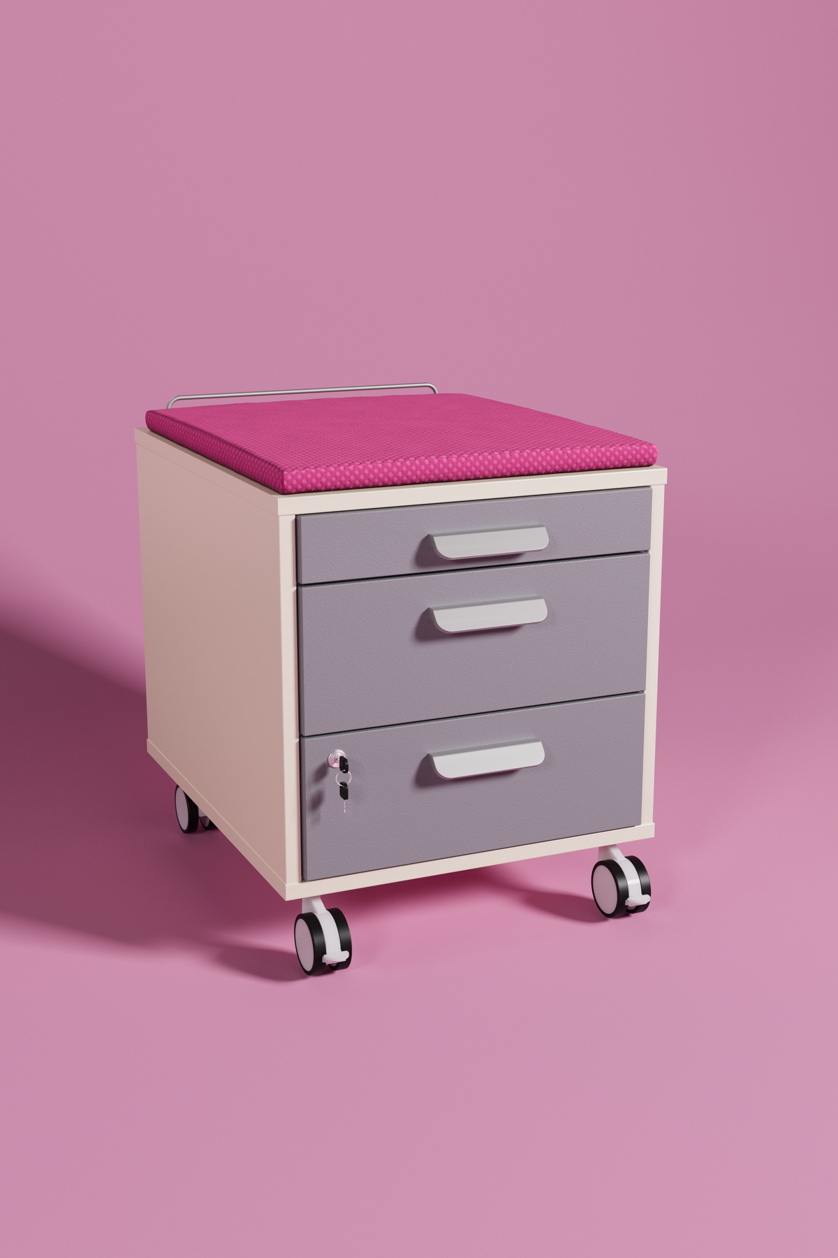 Creo Mobili Vega Keson, Öğrenci İçin Pratik Çekmeceli Keson, Tekerlekli Komodin - Ekru/Fuşya