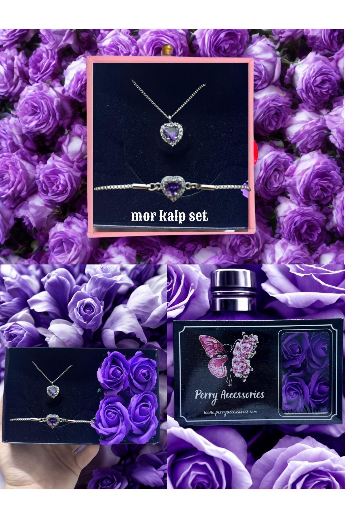 BİOFİSTORE özel güllü kutuda Kalp Detaylı Kolye Ve Asansörlü Bileklik Bijuteri Takım Perry Accessoriess