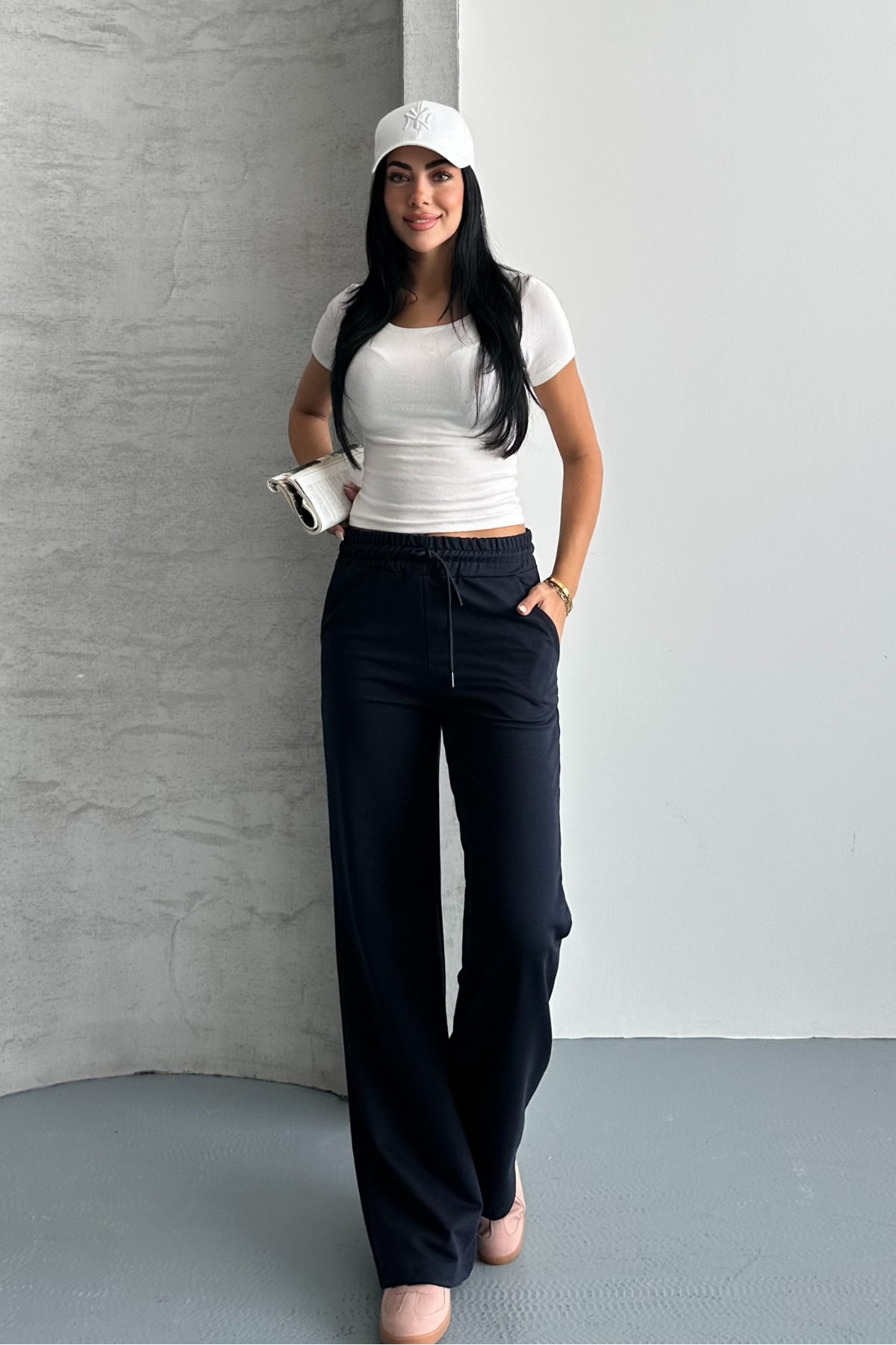 macharel jeans Kadın Lacivert Iki Iplik Beli Lastikli Salaş Bol Paça Eşofman Altı görsel 6