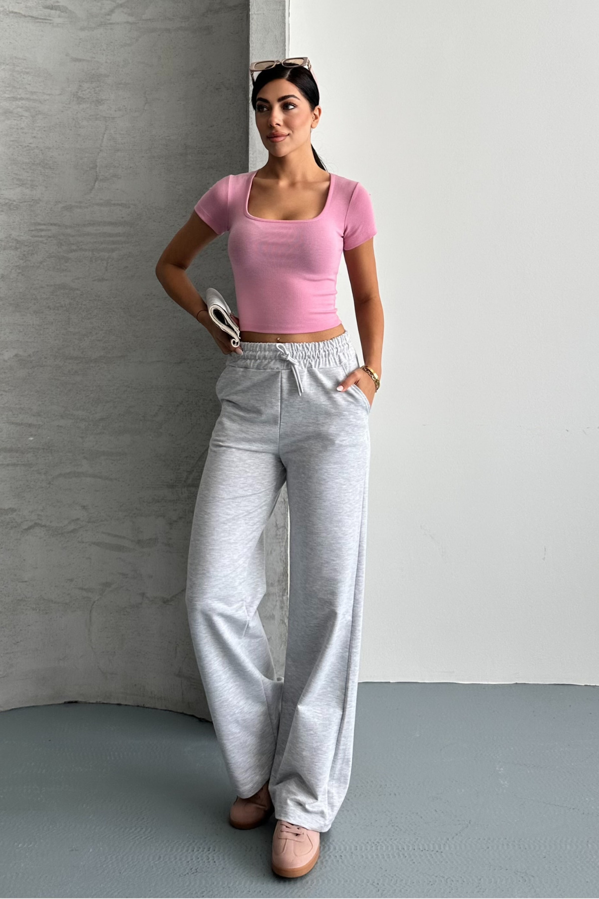 macharel jeans Kadın Gri Iki Iplik Beli Lastikli Salaş Bol Paça Eşofman Altı görsel 2