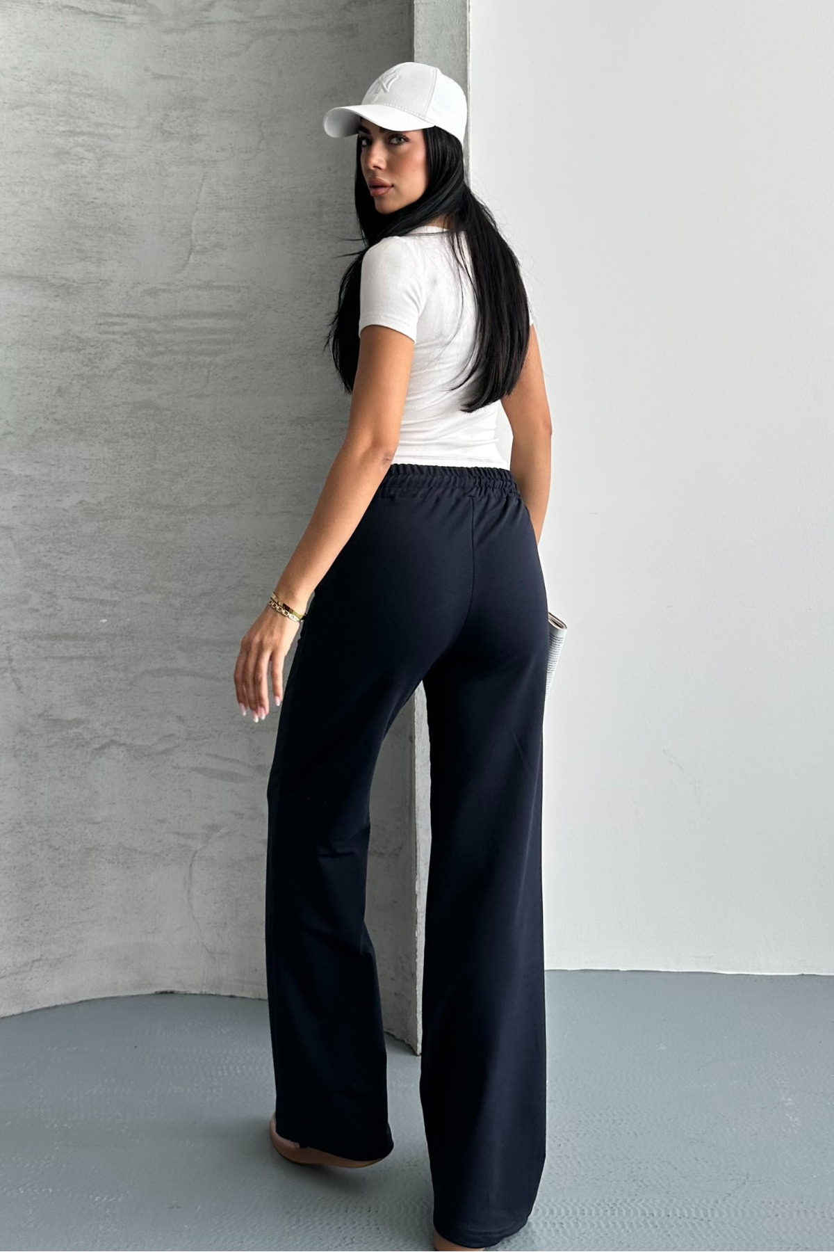 macharel jeans Kadın Lacivert Iki Iplik Beli Lastikli Salaş Bol Paça Eşofman Altı görsel 8