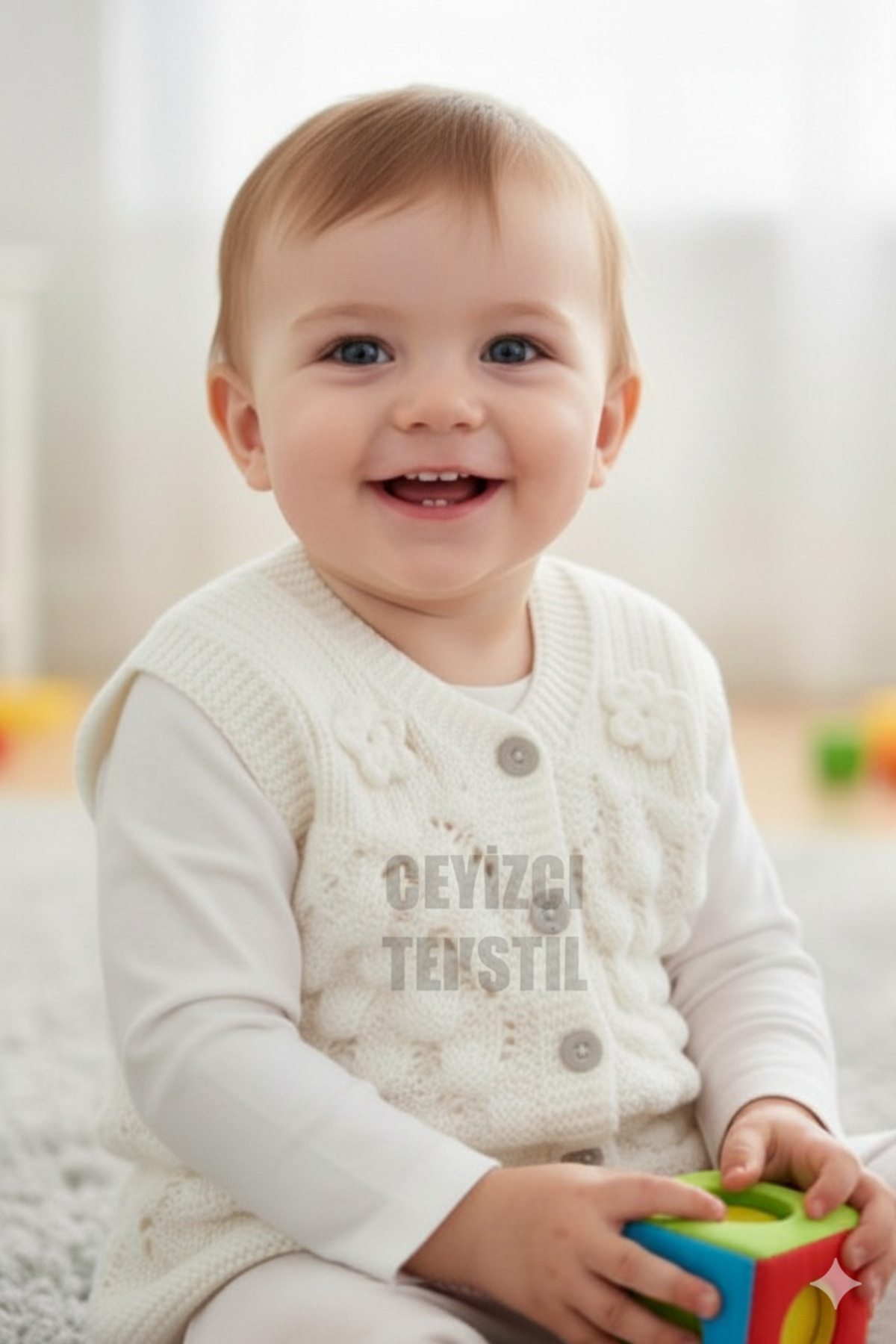 Çt Çeyizci Tekstil Bebek Yeleği Triko Bebek Yeleği Papatya Desenli Bebe Yeleği Beyaz fotoğrafı 2 (önizleme)