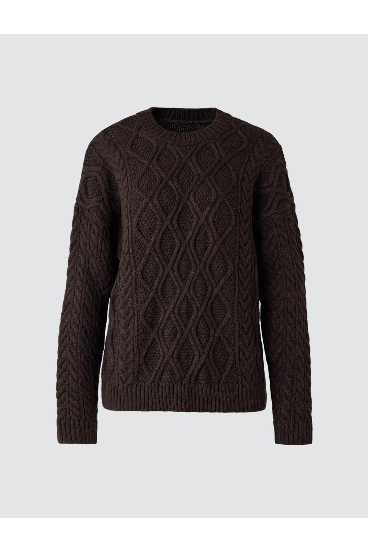 Jimmy Key  Acı Kahve Uzun Kollu Bisiklet Yaka Desenli Triko Kazak - Görsel 6