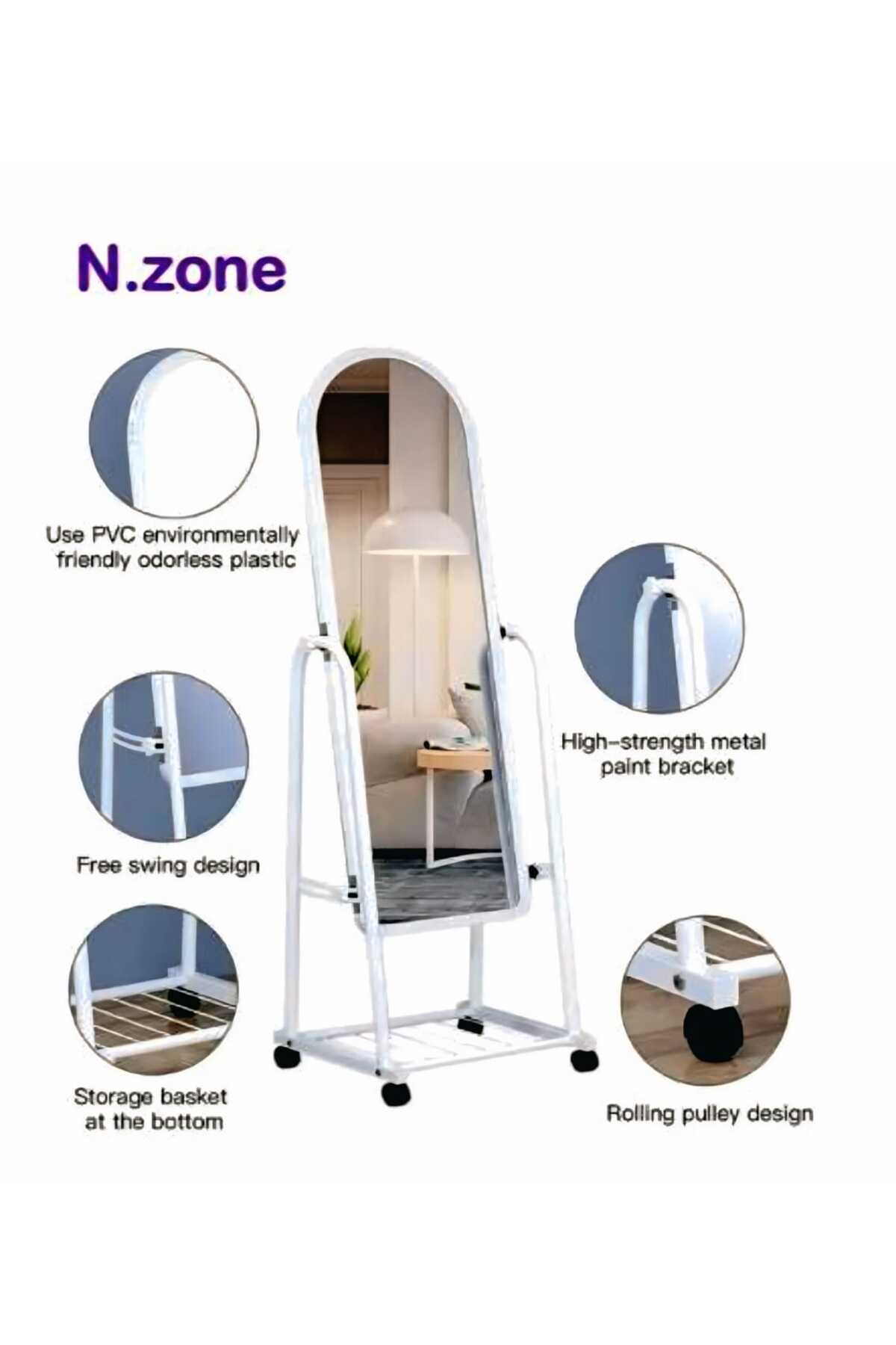 مرآة كاملة الطول مع حامل وعجلات  قابلة للتعديل مقاس 160x30سم باللون الأبيض