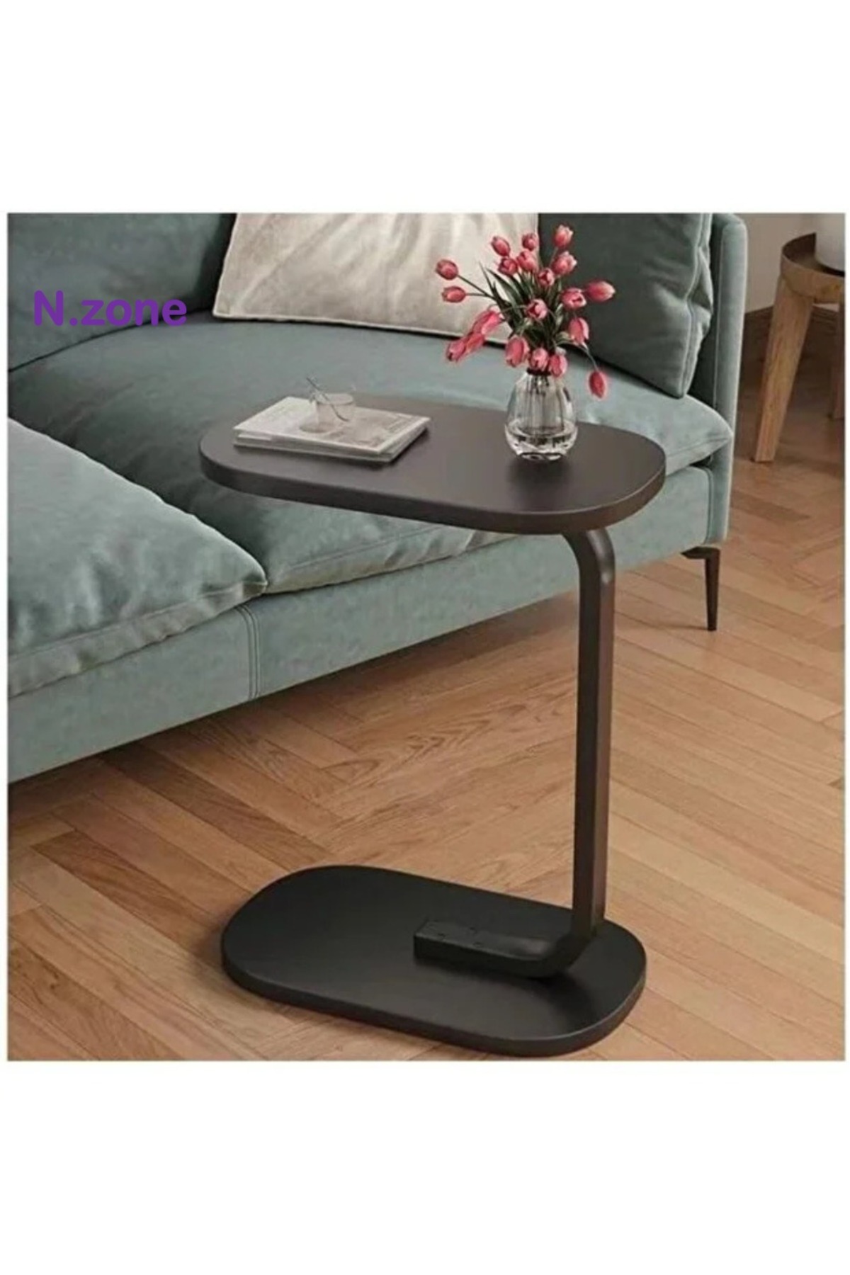 طقم من 4 قطع - طاولة قهوة عصرية | طاولة جانبية على شكل حرف C بسطح من الخشب الأسود وإطار معدني أسود