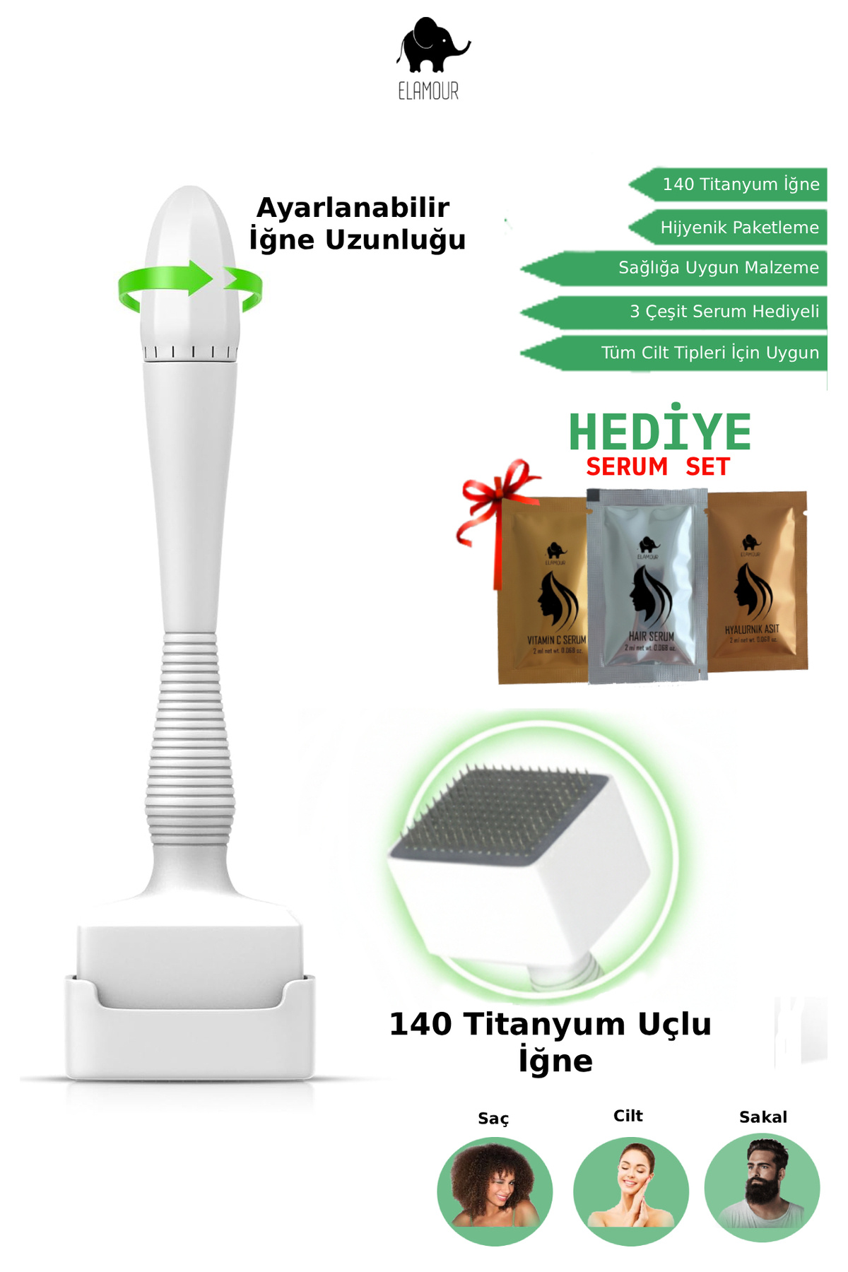 ELAMOUR 140 Titanyum İğneli Ayarlanabilir İğne Ölçülü (0.25-3.0mm) Dermastamp