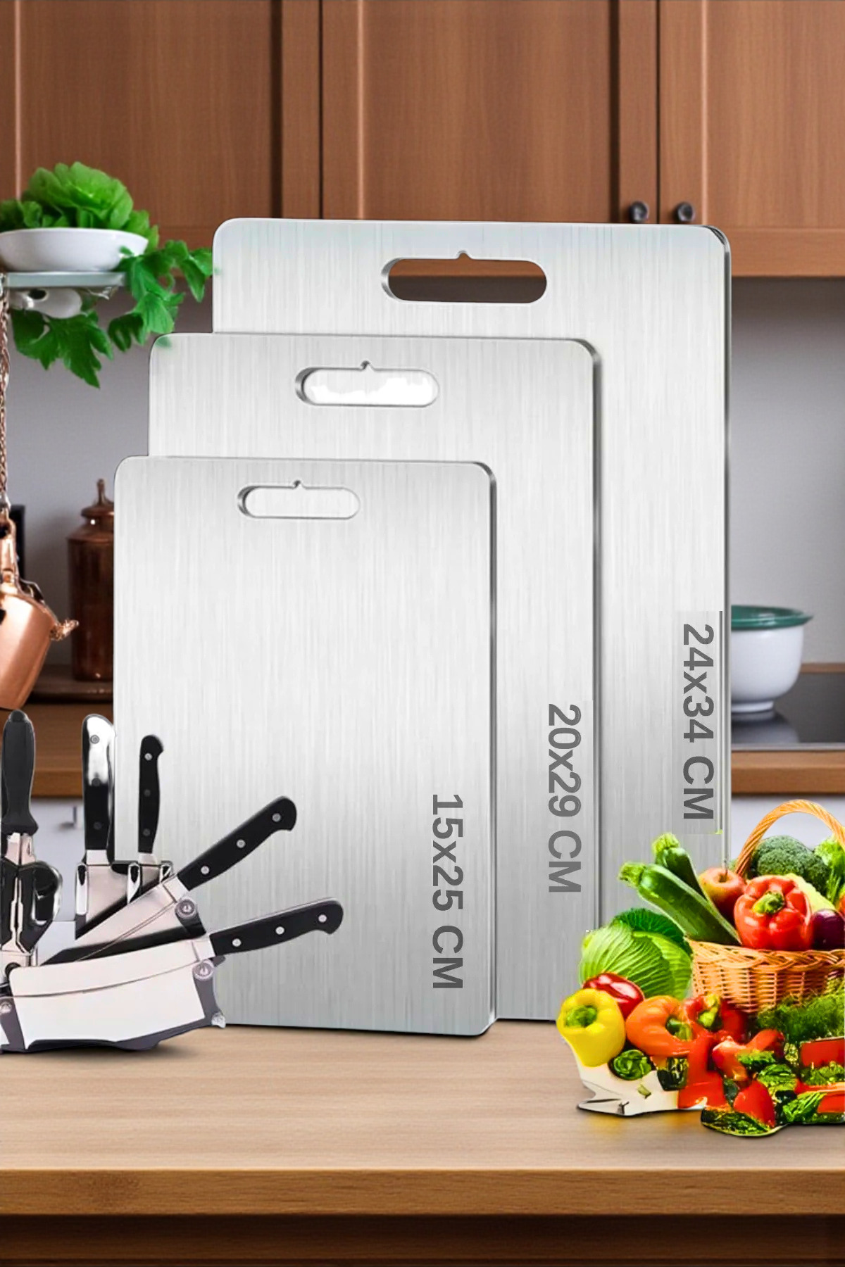 ONYS Paslanmaz Çelik Kesme Tahtası - 3 LÜ SET ÜST KALİTE ANTİBAKTERİYEL KESME TAHTASI