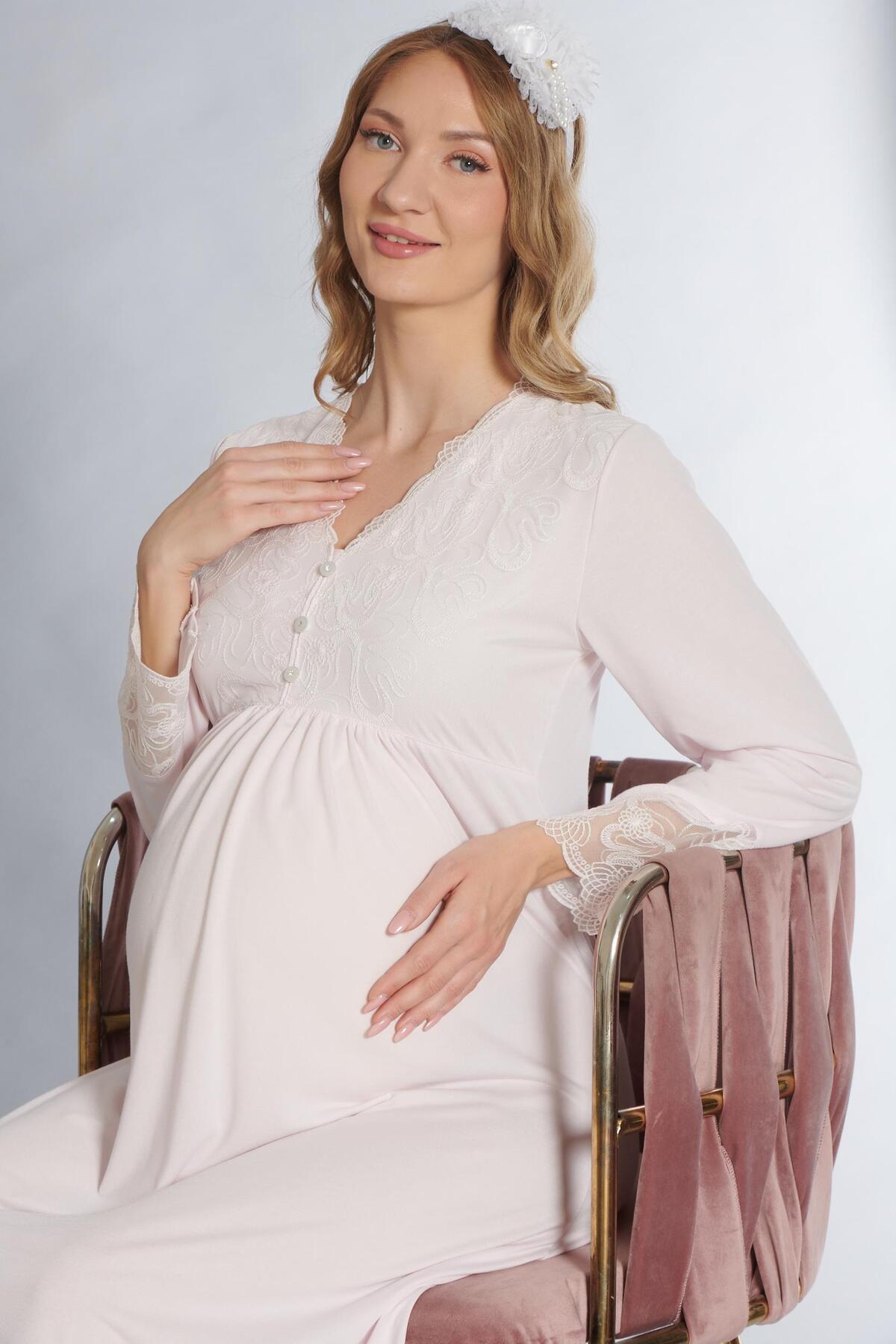 Flz Pijama LOHUSA HAMİLE GECELİK UZUN KOL DANTEL DETAYLI EMZİRME VE HASTANE ÇIKIŞI 23-46