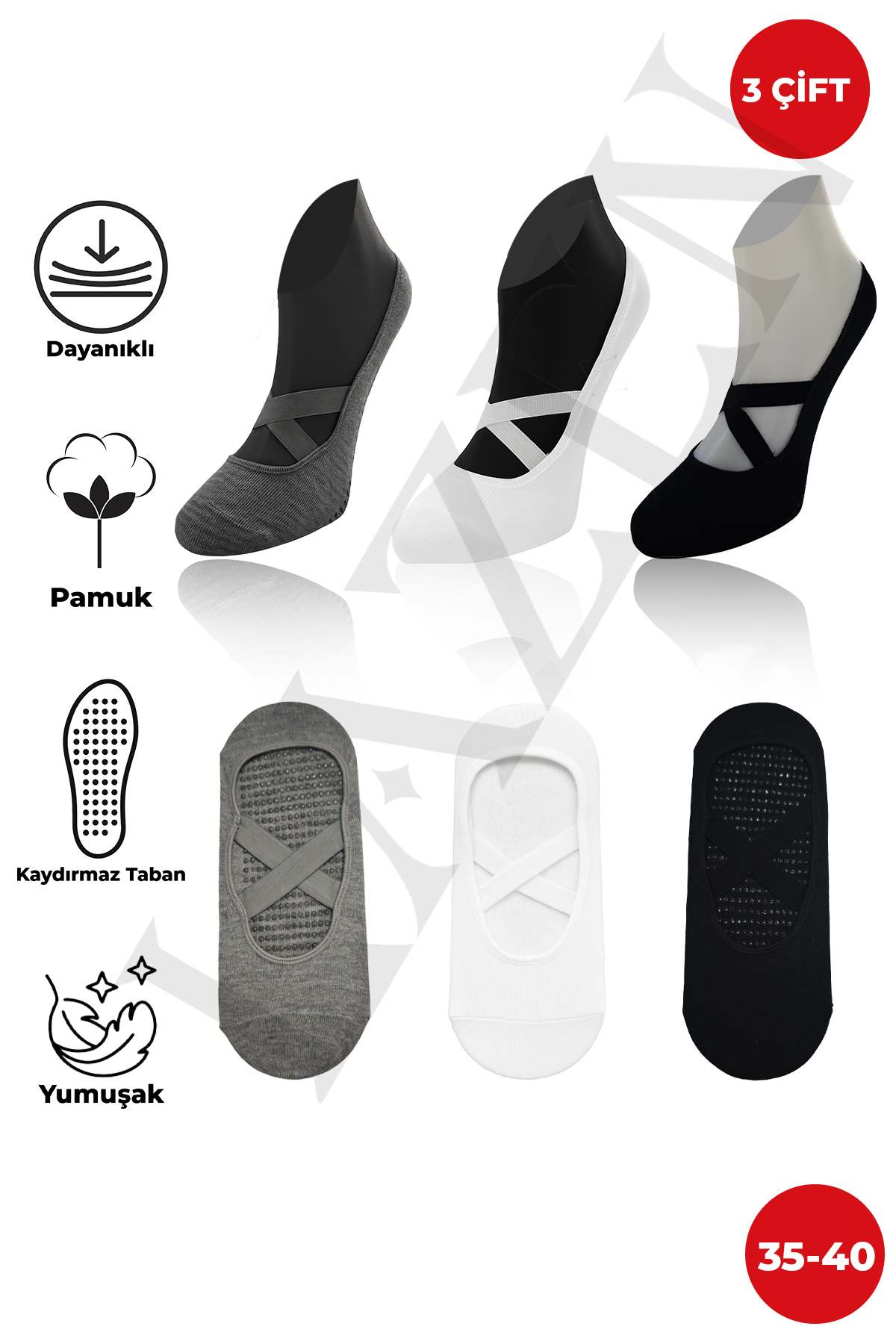 Lazen Kadın Pilates Yoga Çorabı | Kaymaz Silikonlu Alt Taban | Yumuşak Dokulu - Esnek ( 3'lü Set)