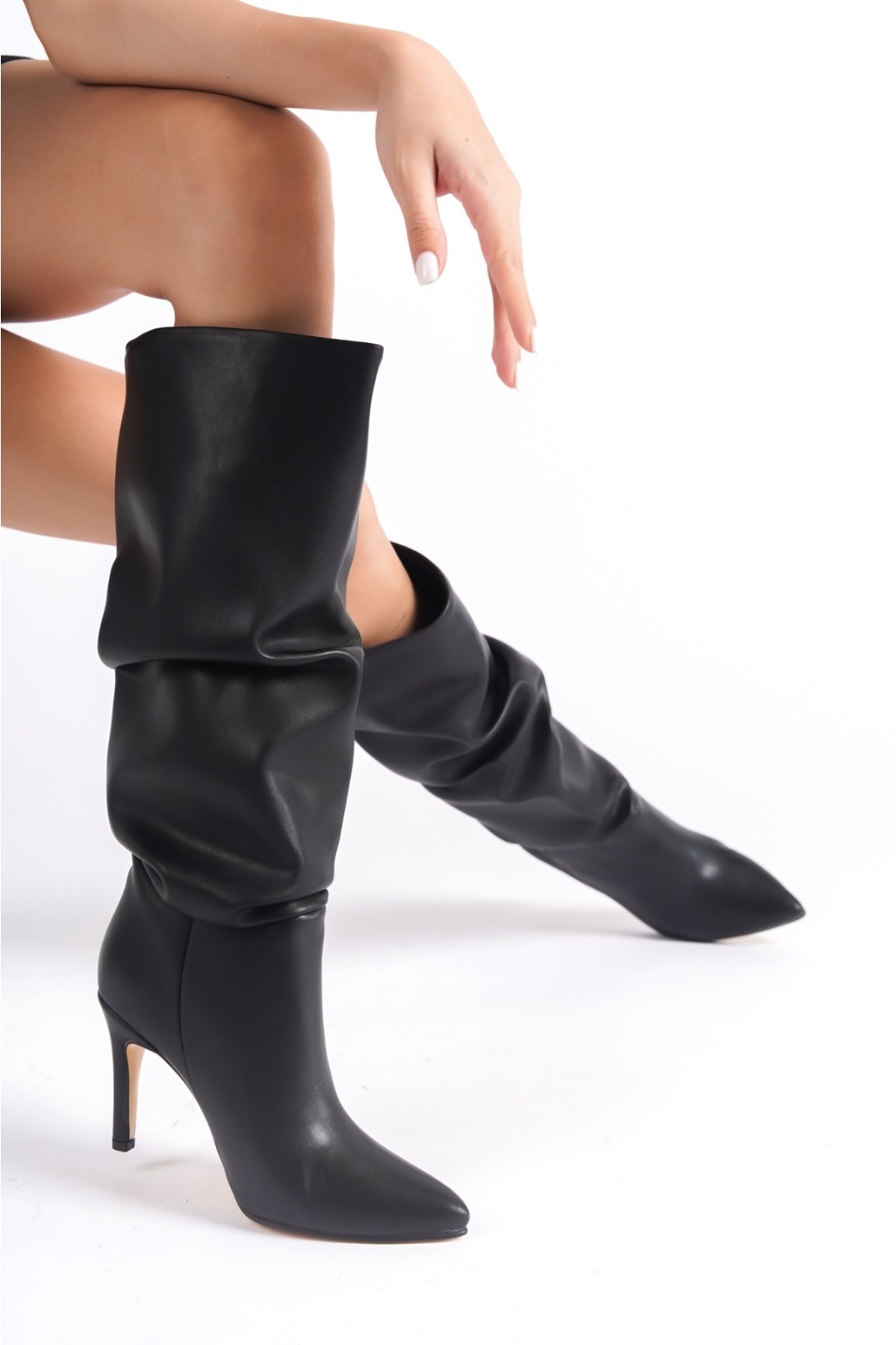 NITU Shoes  Siyah Cilt Körüklü Yüksek Topuklu Kadın Çizme - Görsel 7