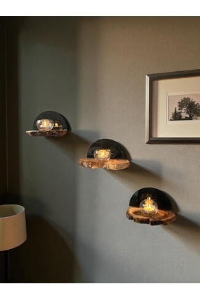 Home Zeytin Ağacı Dekoratif Füme Camlı Üçlü Set Duvar Rafı