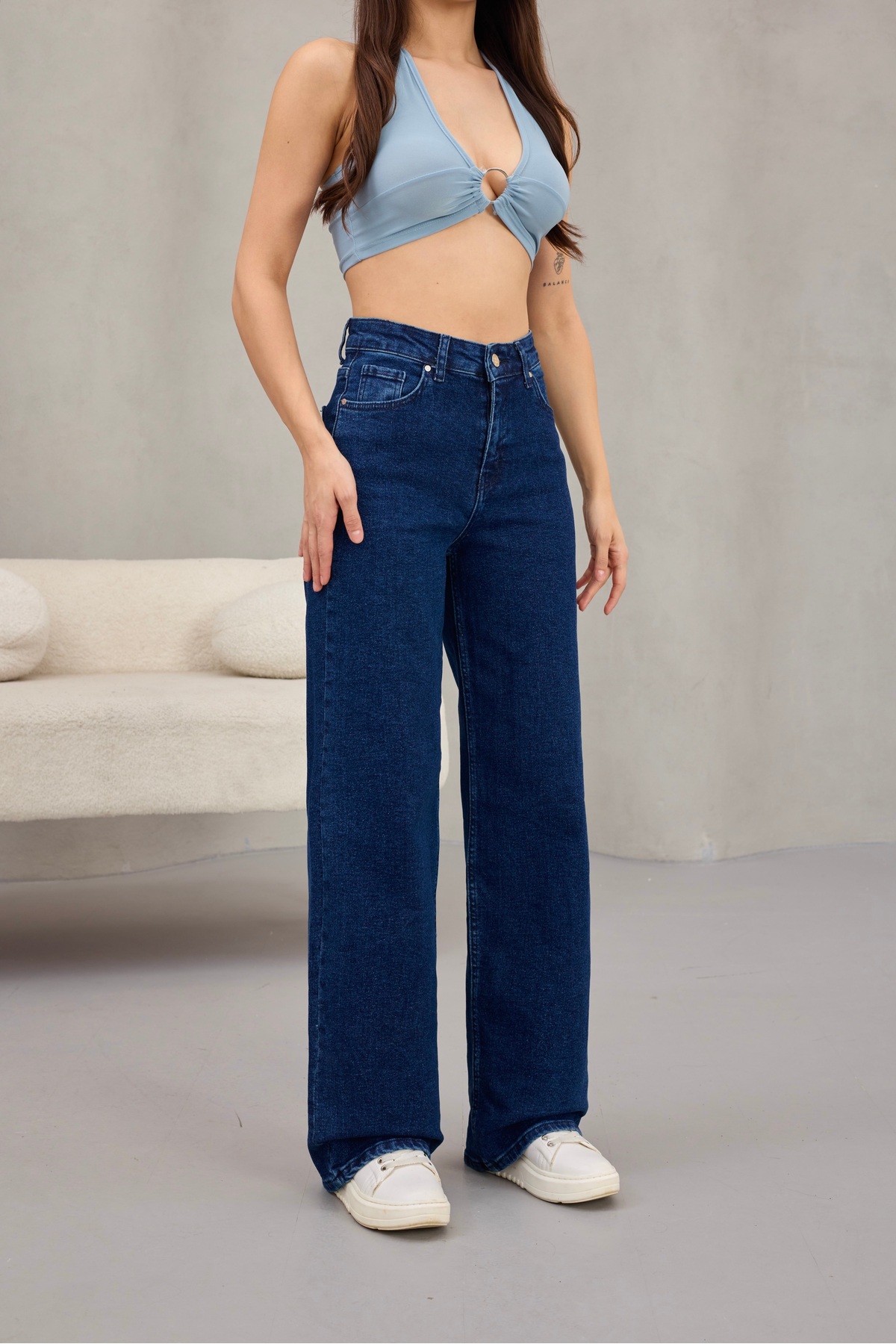 alanora  Kadın Yüksek Bel Kar Yıkama Likralı Geniş Paça Palazzo Jeans - Görsel 3