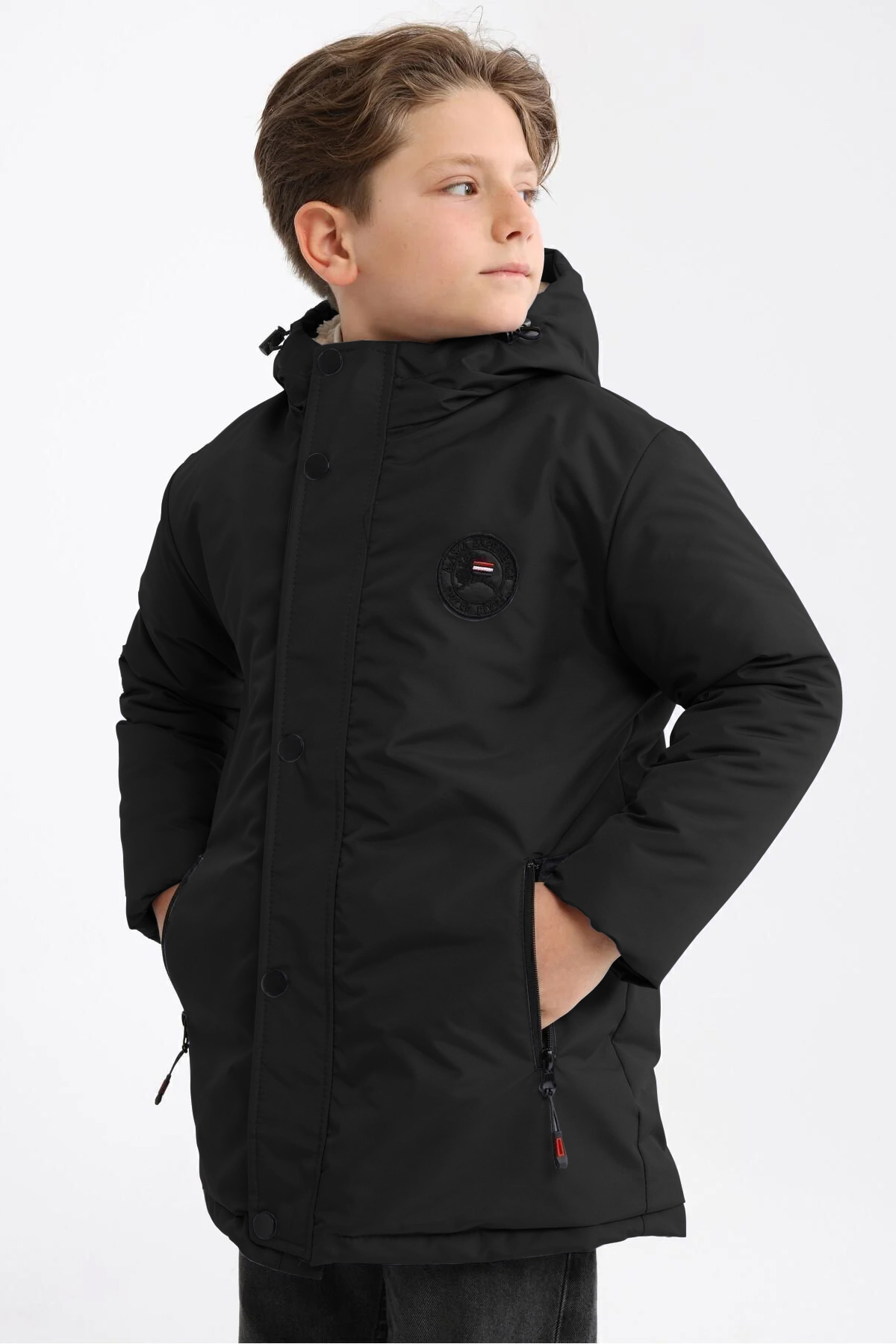 QAWWA Erkek Çocuk Kışlık Parka Mont Sıcak Tutan Dolgu İçi Kürklü Su İtici Rüzgar Geçirmez Kapüşonlu Parka fotoğrafı 2 (önizleme)