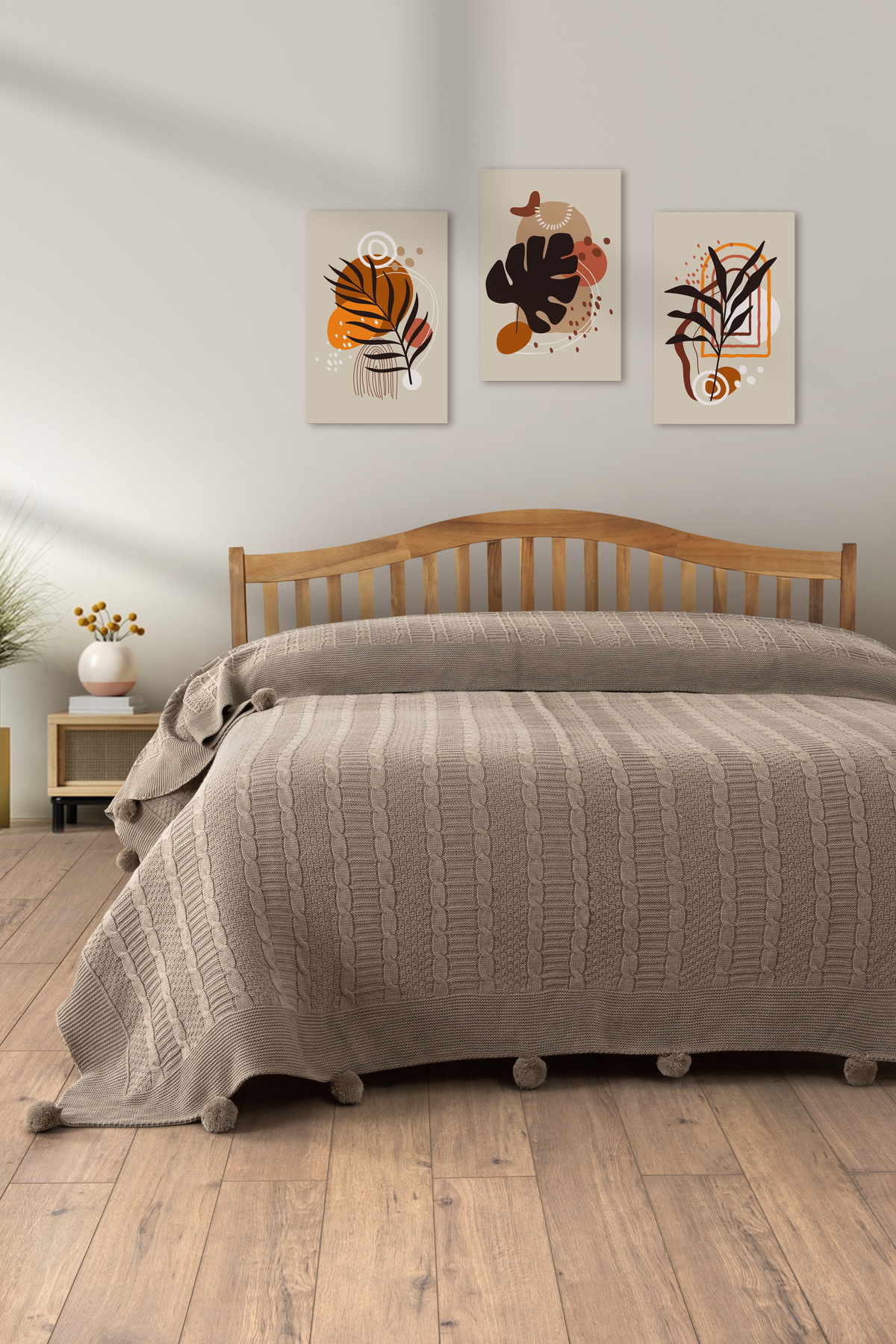 Sevim Çift Kişilik Ponponlu Triko Örme Battaniye - Yumuşak Doku & Şık Tasarım - Bej - 220x240 cm