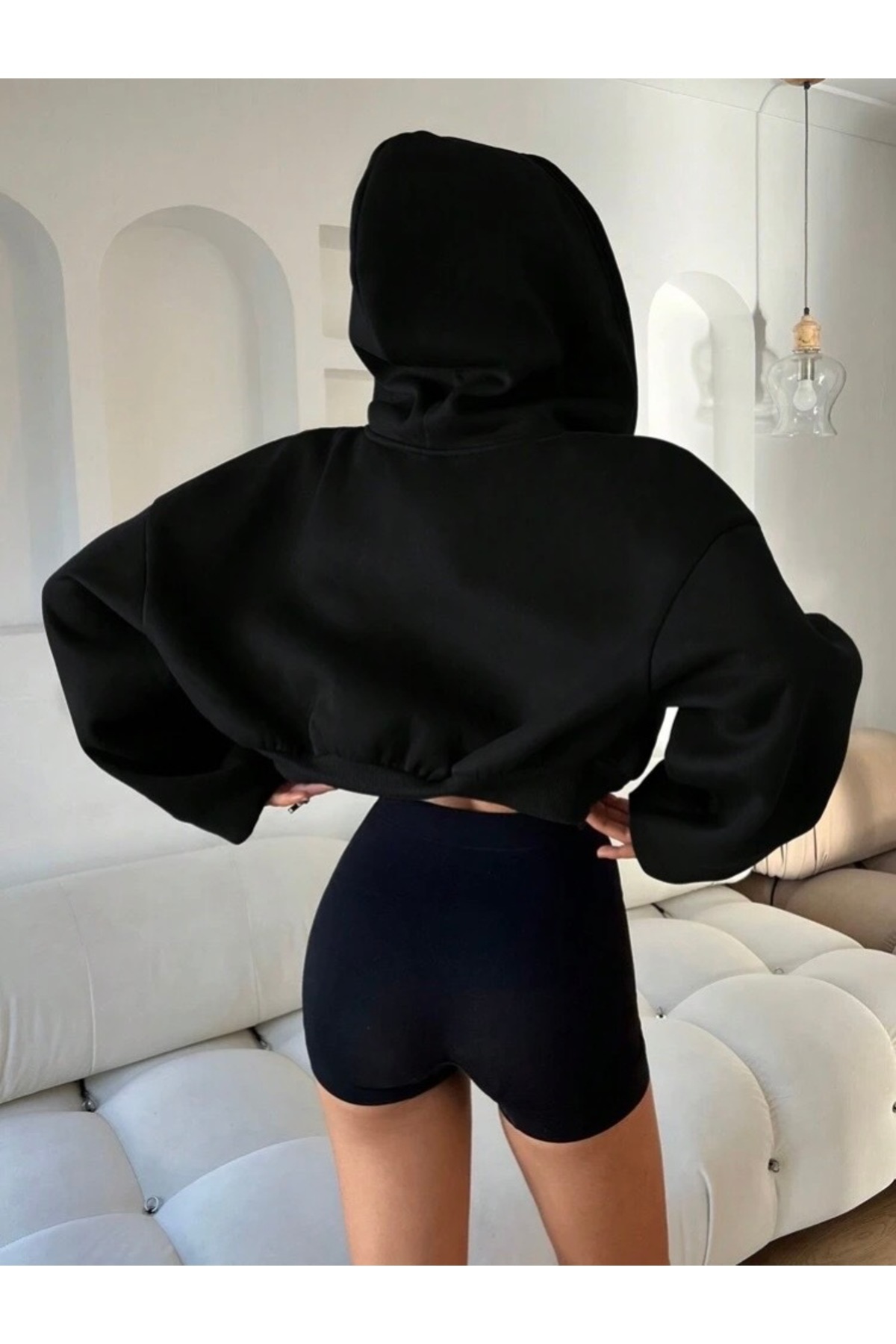 BYMEER  Siyah Kapşonlu Fermuarlı Crop Sweatshirt Hırka - Görsel 2
