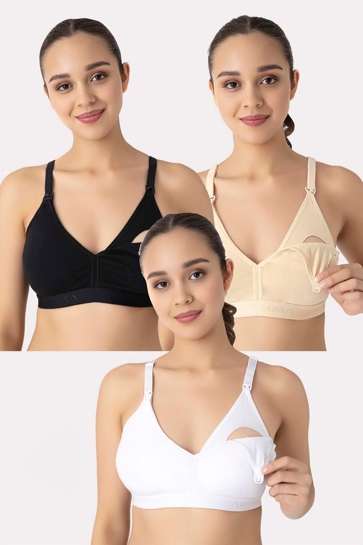 Arma Yıldız Çıkarılabilir Pedli Emzirme Sütyeni 3'lü Beyaz Siyah Ten Pamuklu Göğüs Ucu Belli Etmez