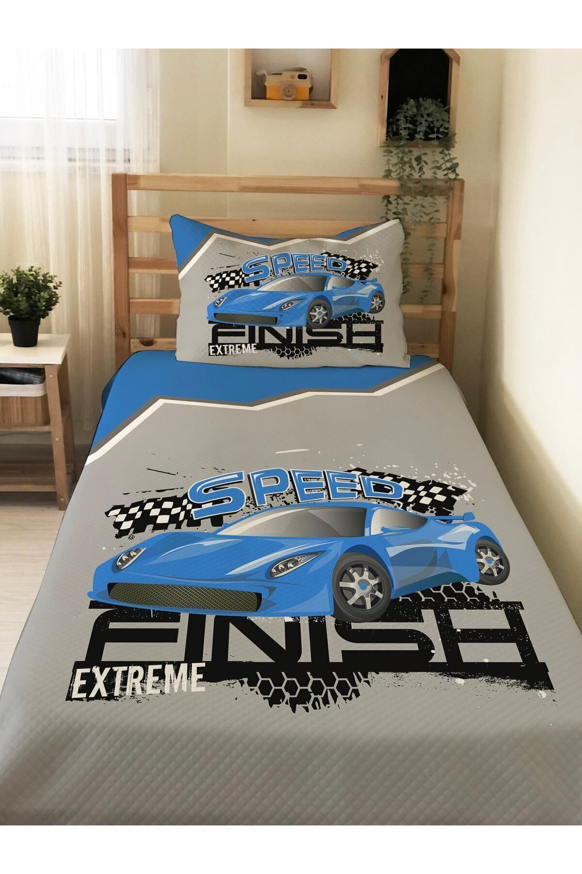 Evmila Mavi Araba Desenli Bebek Ve Çocuk Baskılı Tek Kişilik Pike Takımı 160x230 Gri fotoğrafı 3 (önizleme)