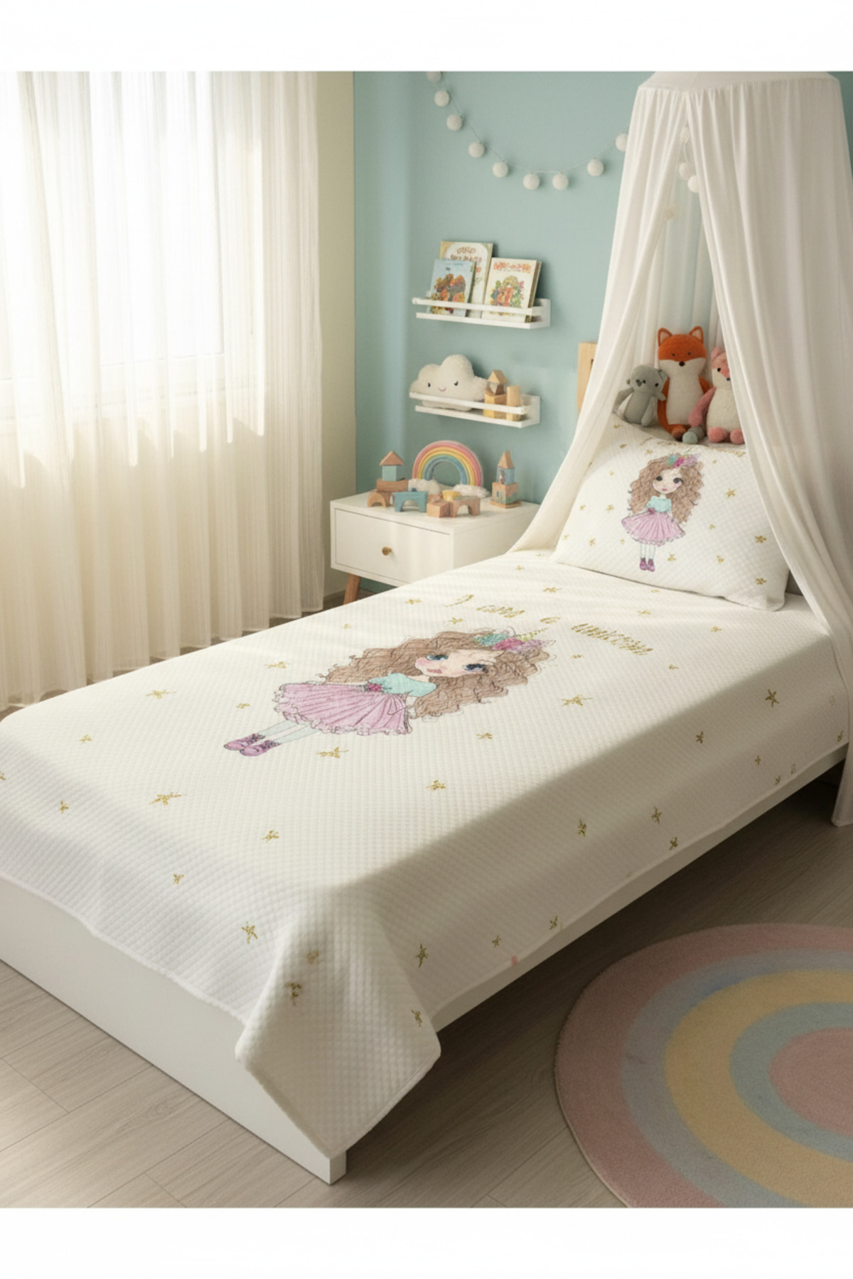 Evmila Prenses Desenli Bebek Ve Çocuk Baskılı Tek Kişilik Pike Takımı 160x230 Beyaz fotoğrafı 2 (önizleme)