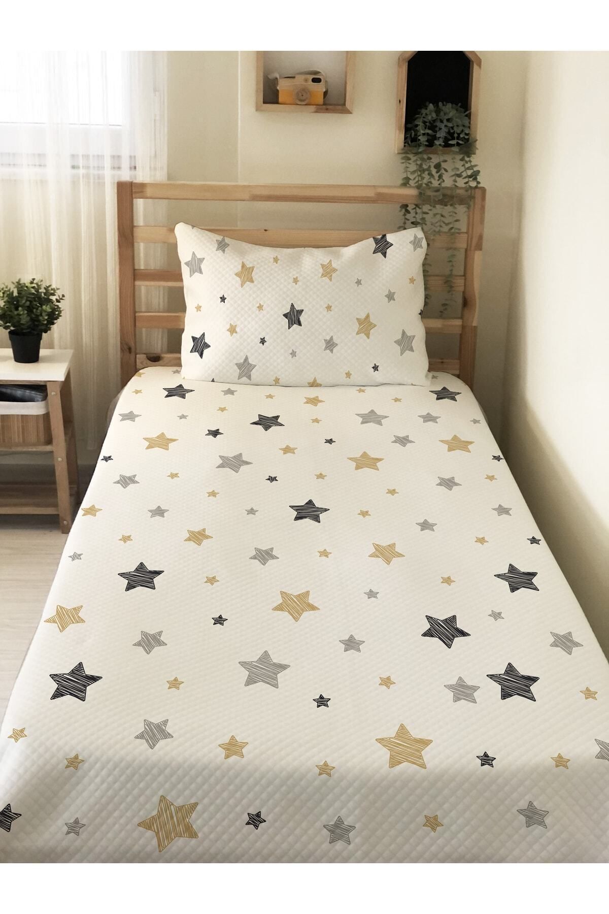 Evmila Yıldız Desenli Bebek Ve Çocuk Baskılı Tek Kişilik Pike Takımı 160x230 Beyaz fotoğrafı 3 (önizleme)