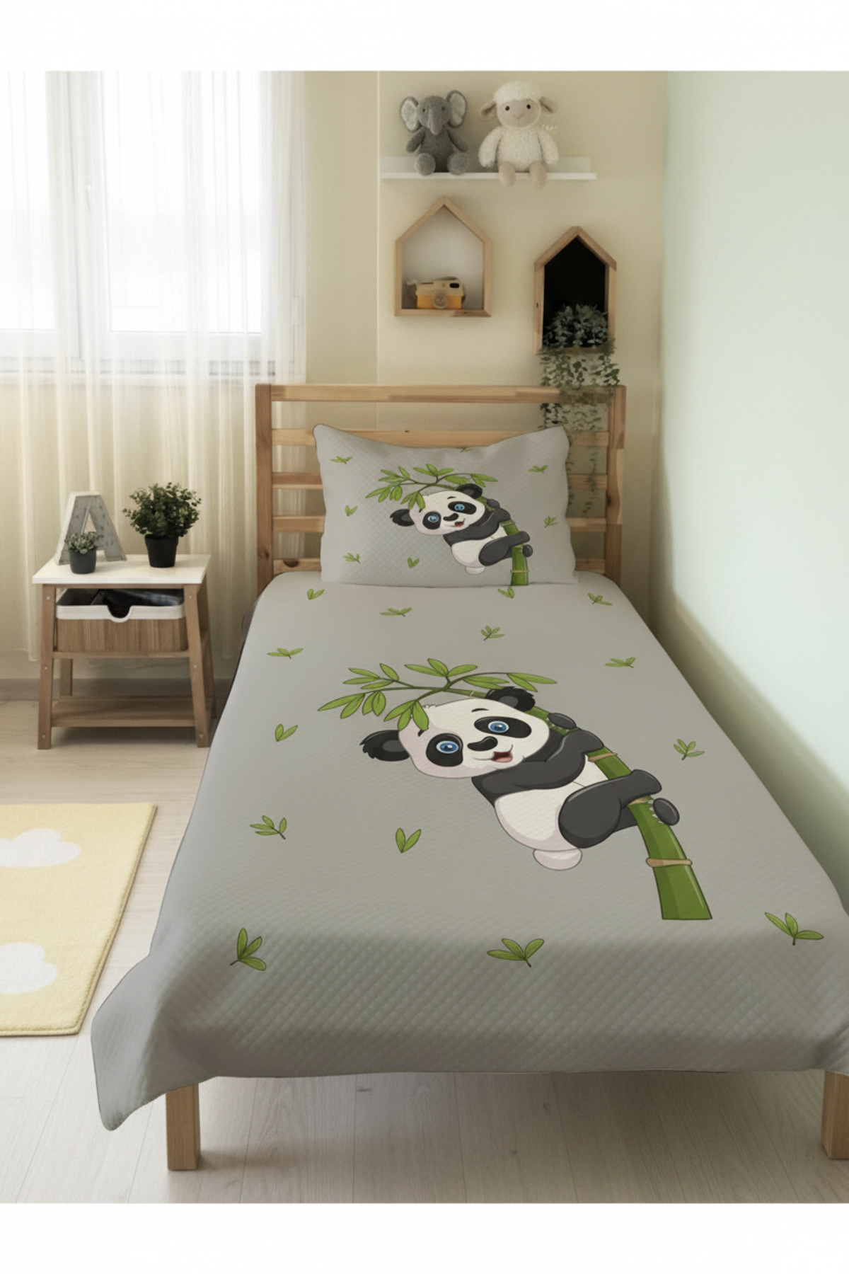 Evmila Panda Desenli Bebek Ve Çocuk Baskılı Tek Kişilik Pike Takımı 160 X 220 Cm Gri fotoğrafı 2 (önizleme)