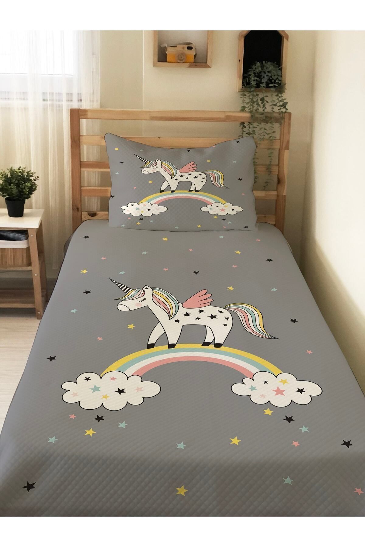 Evmila Gökkuşağı Unicorn Desenli Bebek Ve Çocuk Baskılı Tek Kişilik Pike Takımı 160 X 220 Cm Gri fotoğrafı 3 (önizleme)