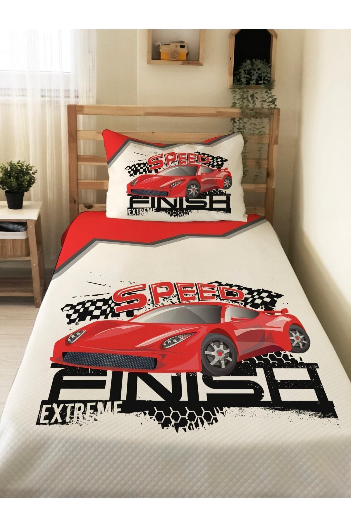 Evmila Kırmızı Araba Desenli Bebek Ve Çocuk Baskılı Tek Kişilik Pike Takımı 160x230 Beyaz fotoğrafı 3 (önizleme)