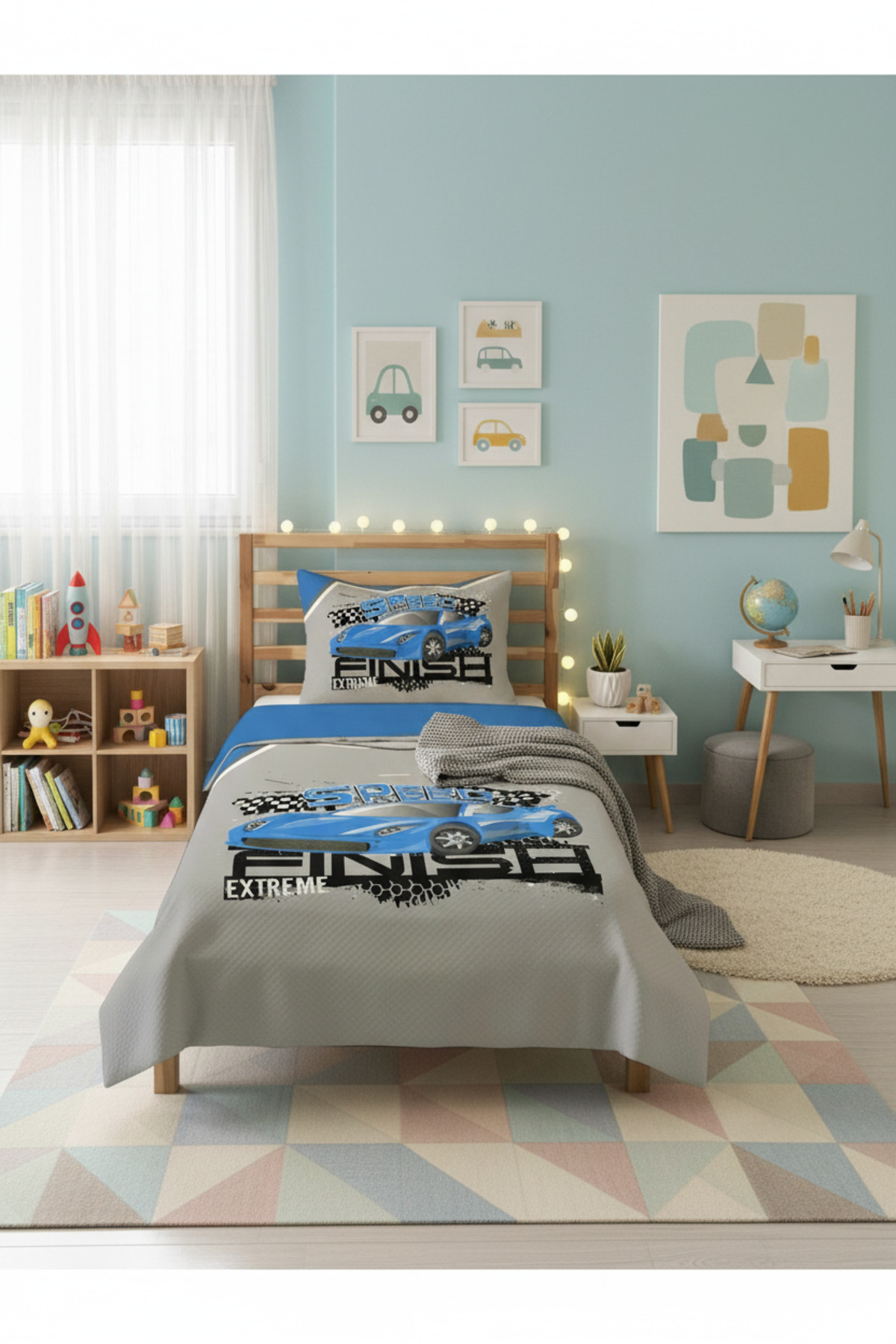 Evmila Mavi Araba Desenli Bebek Ve Çocuk Baskılı Tek Kişilik Pike Takımı 160x230 Gri fotoğrafı 2 (önizleme)