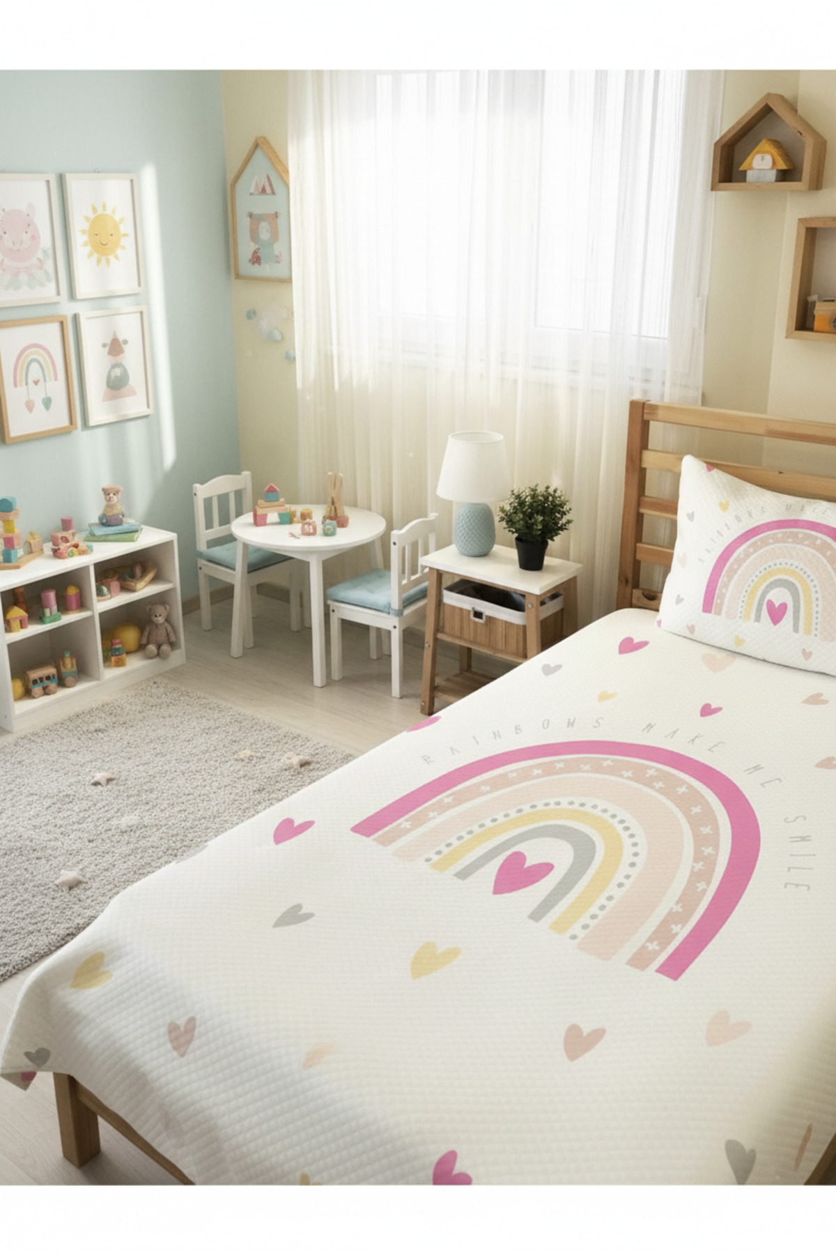 Evmila Gökkuşağı Desenli Bebek Ve Çocuk Baskılı Tek Kişilik Pike Takımı 160x230 Beyaz fotoğrafı 5 (önizleme)