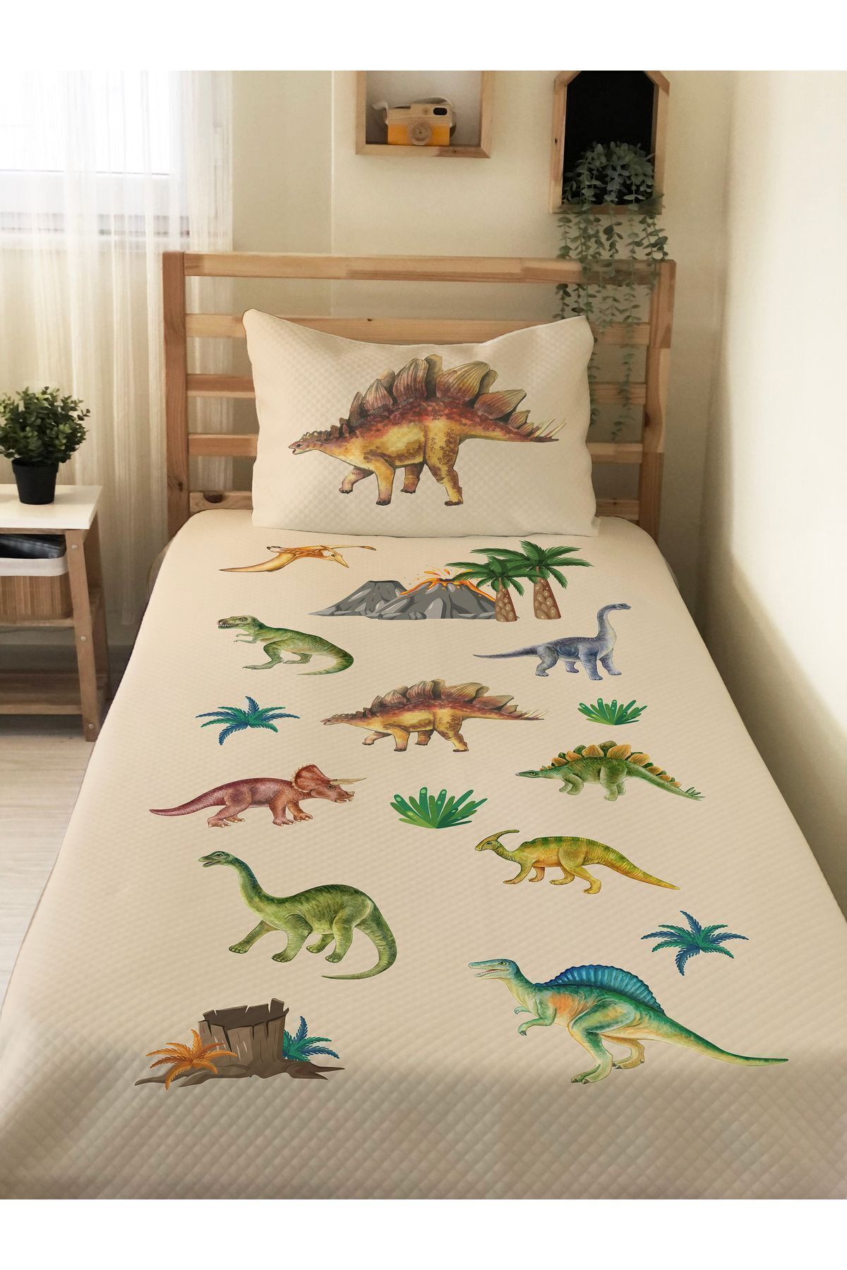 Evmila Dinozor Desenli Tek Kişilik Pike Takımı 160x230 Krem fotoğrafı 3 (önizleme)