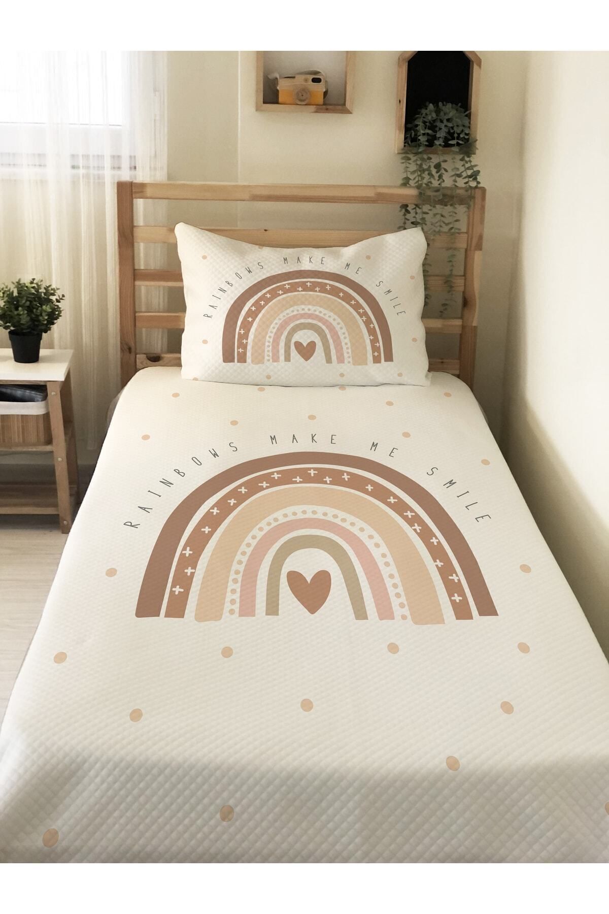 Evmila Gökkuşağı Desenli Bebek Ve Çocuk Baskılı Tek Kişilik Pike Takımı 160x230 Beyaz fotoğrafı 3 (önizleme)