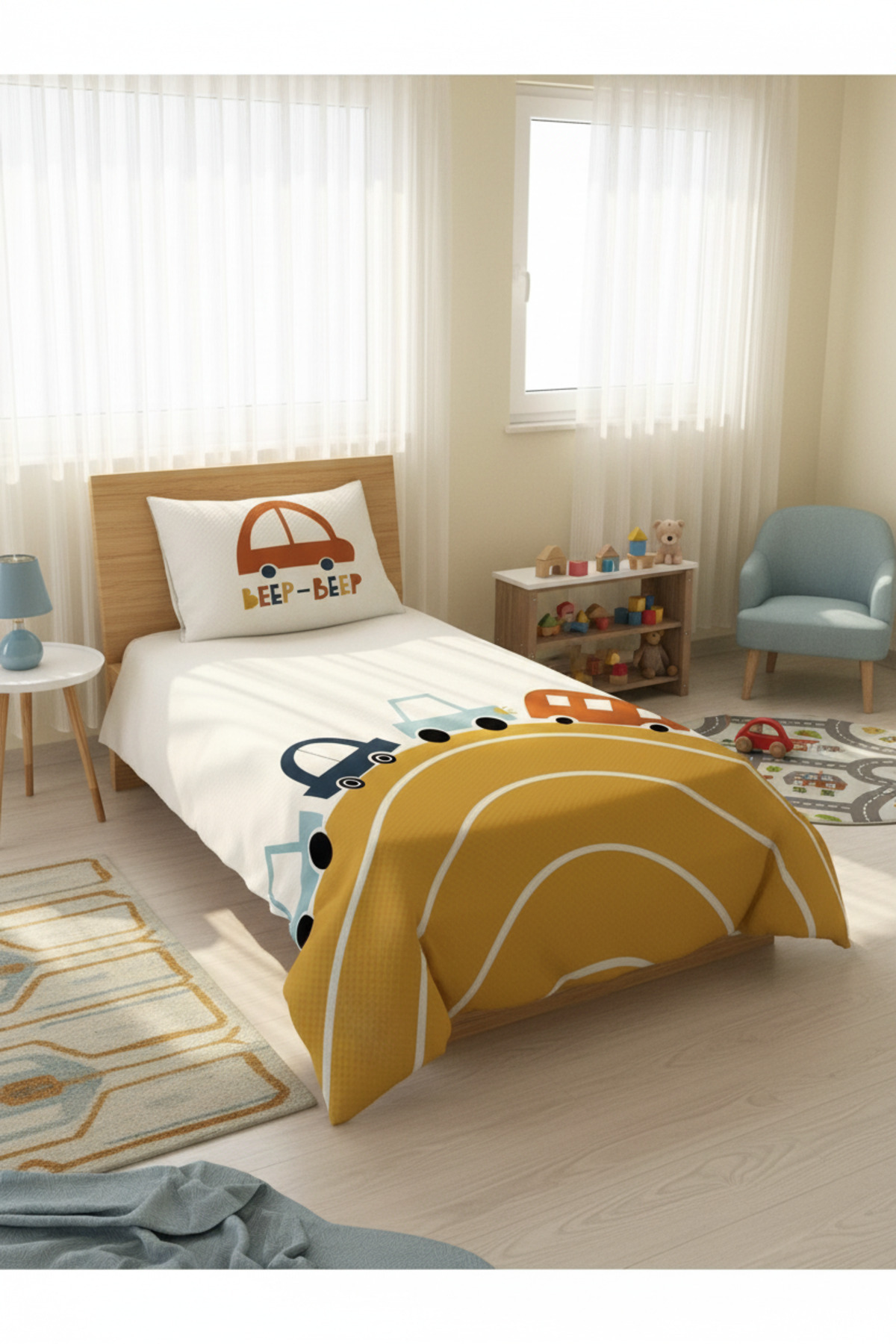 Evmila Oyuncak Araba Desenli Bebek Ve Çocuk Baskılı Tek Kişilik Pike Takımı 160x230 Beyaz fotoğrafı 2 (önizleme)