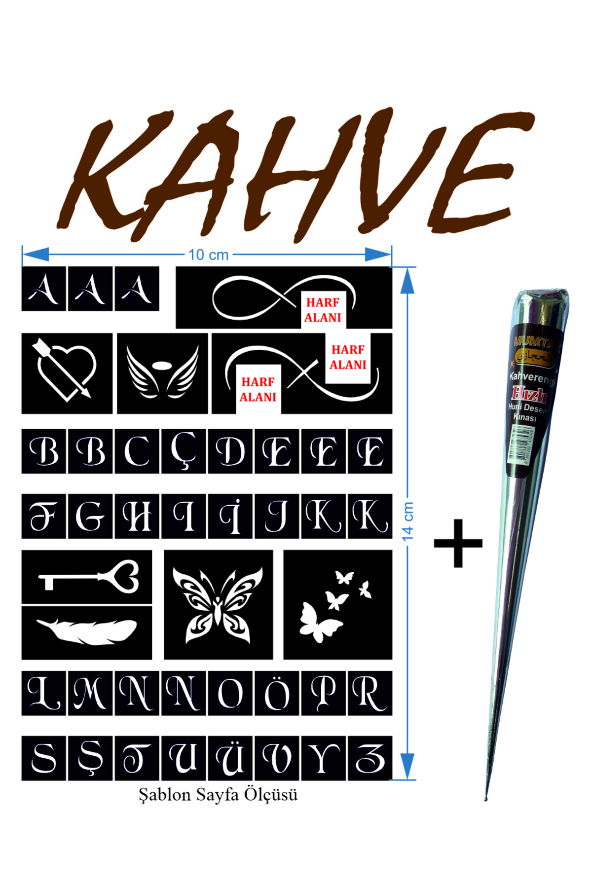 EYMEN ÇARŞI /Kına Kalıbı ve Kına/Mini Harf Desenler Kına Şablonu ve Kahverengi Hint Kınası/Geçici Dövme Seti