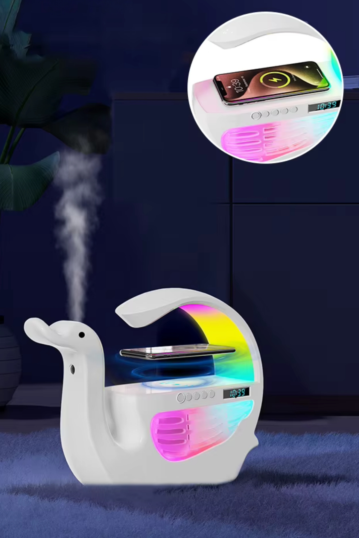 Yeni Nesil 6in1 Kuğu Tipi RGB Işıklı Kablosuz Şarj Hoparlör Buhar Makinesi Hava Nemlendirici